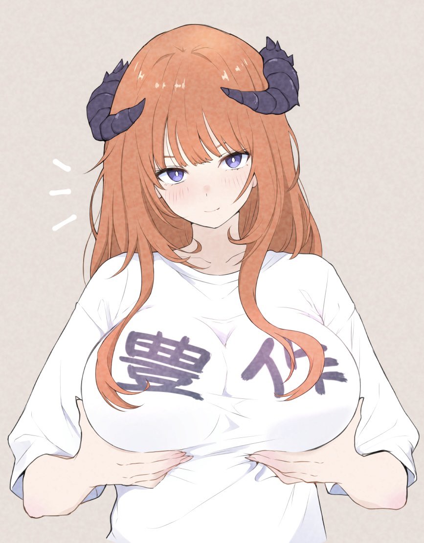 2d, 2d (artwork), adversarial noise, arknights, bagpipe (arknights), blush, breast lift, breasts, bright pupils, closed mouth, clothes writing, clothing, collarbone, commentary request, female, ginger hair, grabbing own breast, grey background, heka=ton, horns, large breasts, light smile, light-skinned female, long hair, notice lines, orange hair, purple eyes, purple horns, shirt, short sleeves, smile, solo, standing, t-shirt, upper body, white pupils, white shirt