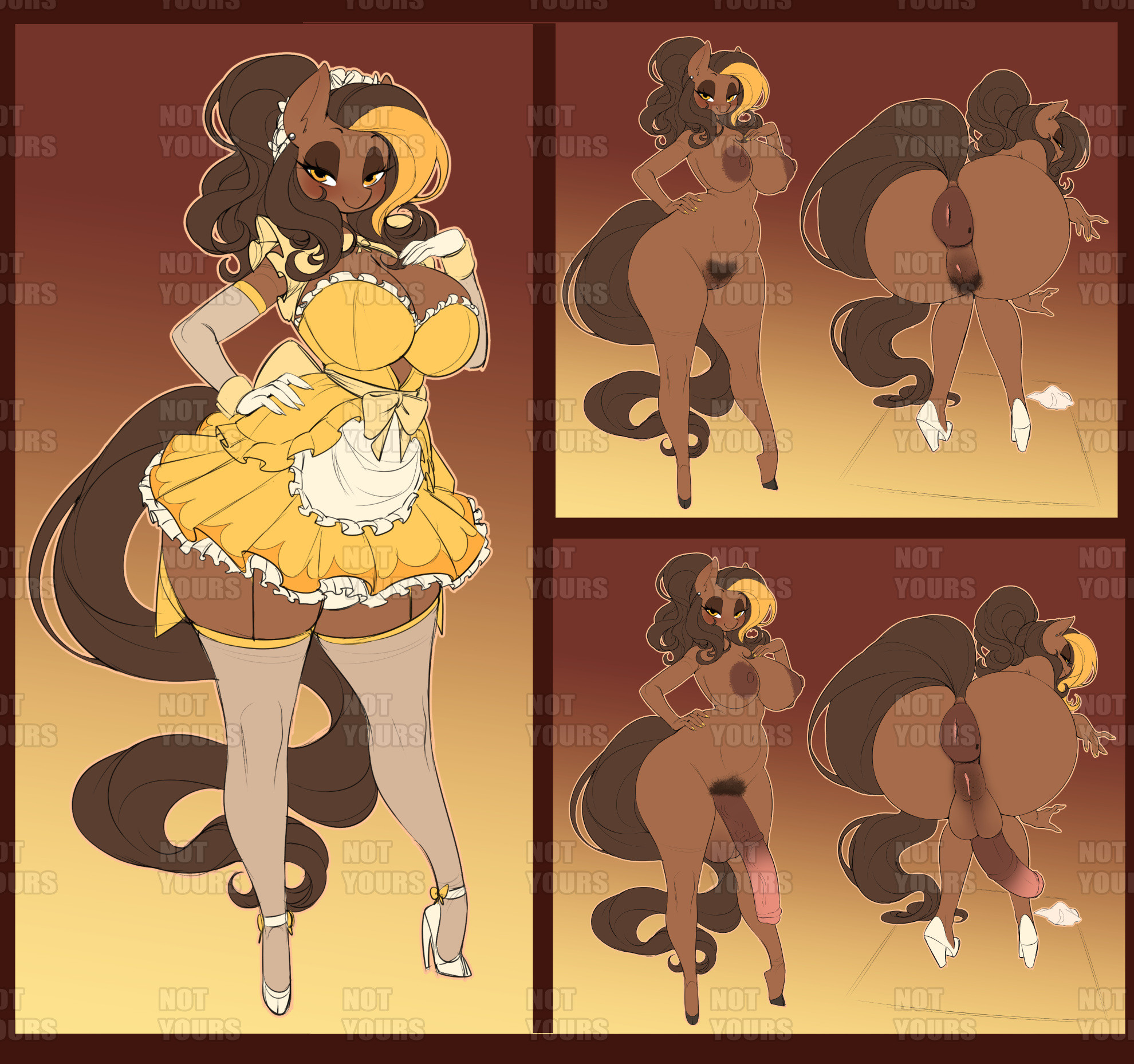 1futa, anthro, ass, balls, black hair, breasts, brown body, donut anus, dress, female, full-package futa, furry, futanari, high heels, horsecock, huge ass, huge breasts, huge cock, intersex, model sheet, penis, presenting hindquarters, pubic hair, puffy anus, pussy, rabbit, snaart, tail