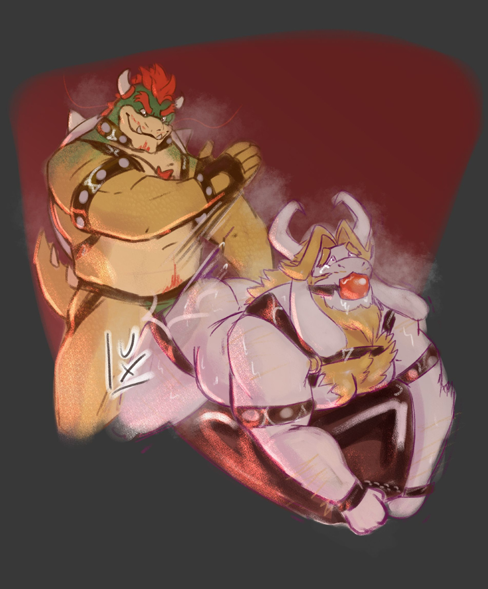 2boys, anal, anal sex, anthro, anthro on anthro, anthro penetrated, anthro penetrating, anthro penetrating anthro, asgore dreemurr, ball gag, bara, beard, black straps, blonde hair, body hair, bowser, bracelet, chest hair, crossover, dilf, doggy style, duo, facial hair, fur, furry, furry male, furry only, gay, gay sex, goat, hair, horns, interspecies, koopa, looking at another, luxxx4, male, male only, male/male, mario (series), mature, mature anthro, mature male, muscles, muscular, muscular anthro, muscular male, musk, musk clouds, nintendo, nude, nude anthro, nude male, red hair, reptile, scalie, sex, smiling, spanking, straps, tail, undertale, undertale (series), white fur, yaoi, yellow skin