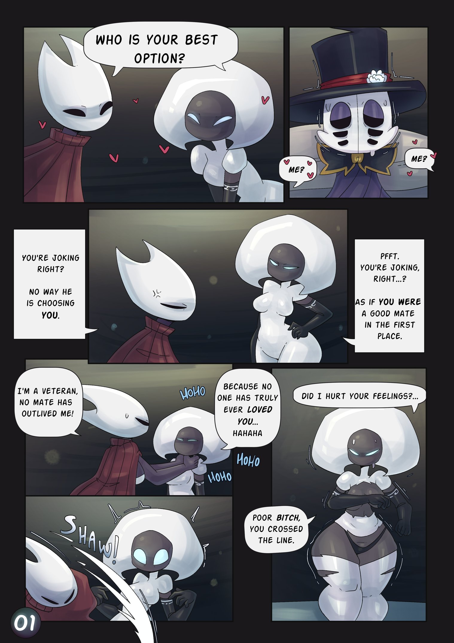 1boy, 2girls, anti groove, arguing, arguing to having sex, belty42, big thighs, blue eyes, bug, comic, english, english text, fighting over boy, grey body, hollow knight, hollow knight: silksong, hornet (hollow knight), lace (hollow knight), shorter male, small breasts, smaller male, top hat, tophat, torn clothes, torn clothing