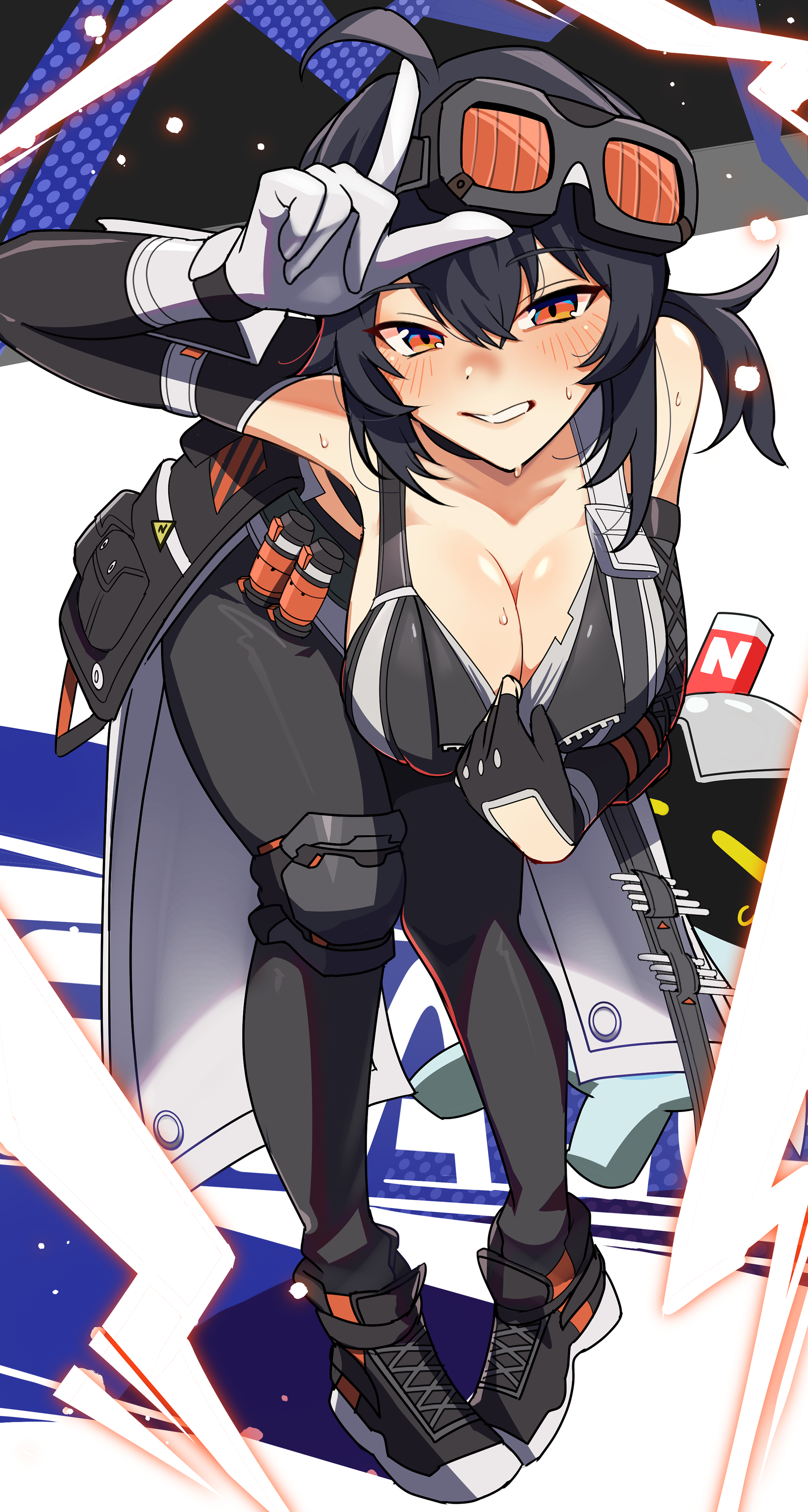 1girls, absurdres, ahoge, asymmetrical gloves, bent over, black gloves, black hair, blue eyes, breasts, cleavage, female, female only, fingerless gloves, fingernails, full body, gloves, goggles, goggles on head, grace howard, hair between eyes, highres, large breasts, long hair, looking at viewer, looking back, mismatched gloves, orange eyes, ponytail, short ponytail, sidelocks, simple background, single fingerless glove, smile, solo, sweat, white gloves, yamada otonari, zenless zone zero