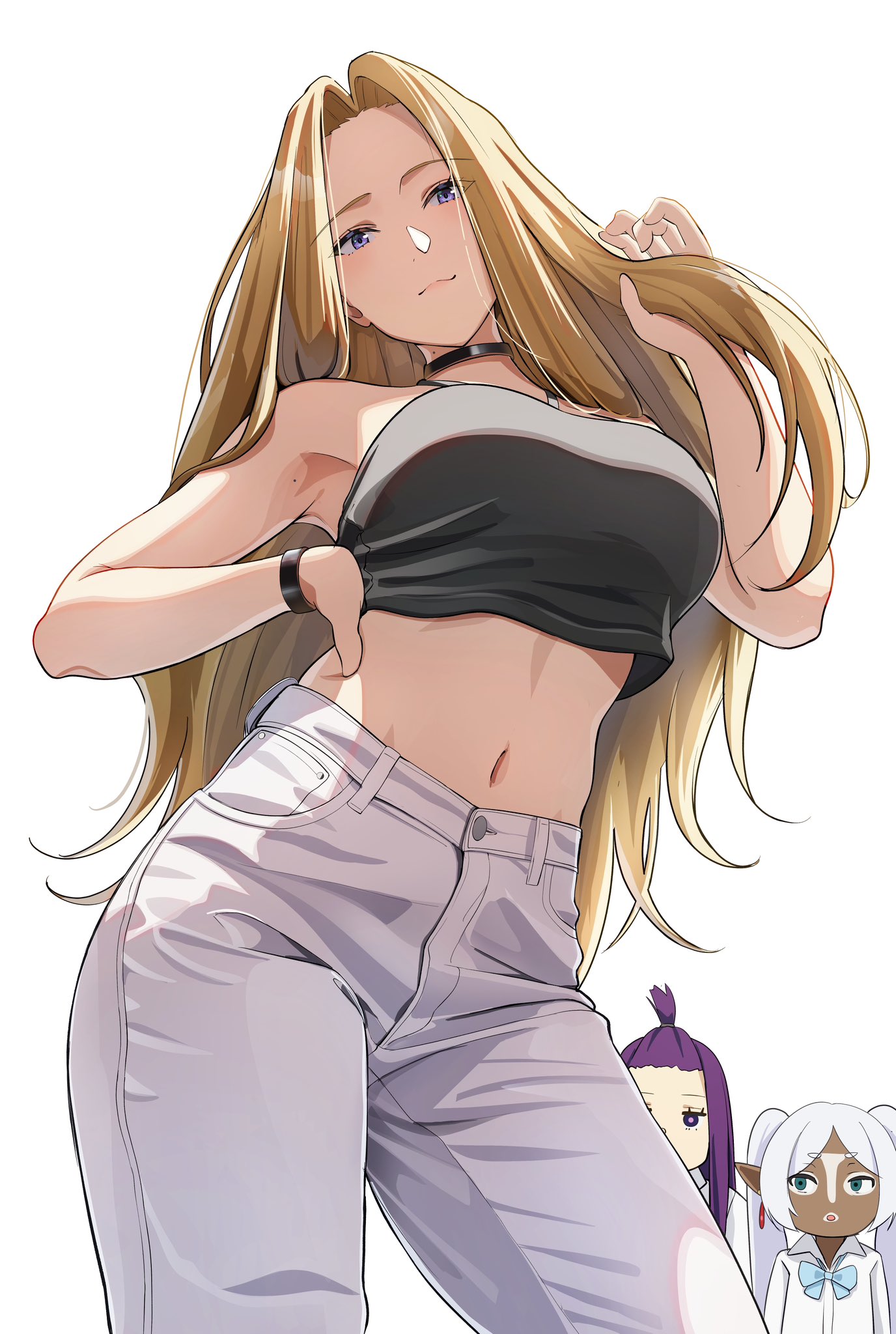 2025, 2d, 2d (artwork), 3girls, alternate costume, aqua eyes, armpits, black choker, black shirt, blonde hair, blue bow, blue bowtie, bow, bowtie, bracelet, breasts, choker, collared shirt, contemporary, crop top, dark skin, dark-skinned female, elf, female, female only, fern (sousou no frieren), frieren, ganguro, gyaru, gyaru makeup, highres, jewelry, large breasts, long hair, looking at viewer, makeup, methode (sousou no frieren), midriff, mole, mole on armpit, multiple females, multiple girls, navel, onee gyaru, pants, pointy ears, purple eyes, purple hair, questionable, sfw, shirt, simple background, sleeveless, sleeveless shirt, solo focus, sousou no frieren, stomach, tan, white background, white hair, white pants, white shirt, yami anko