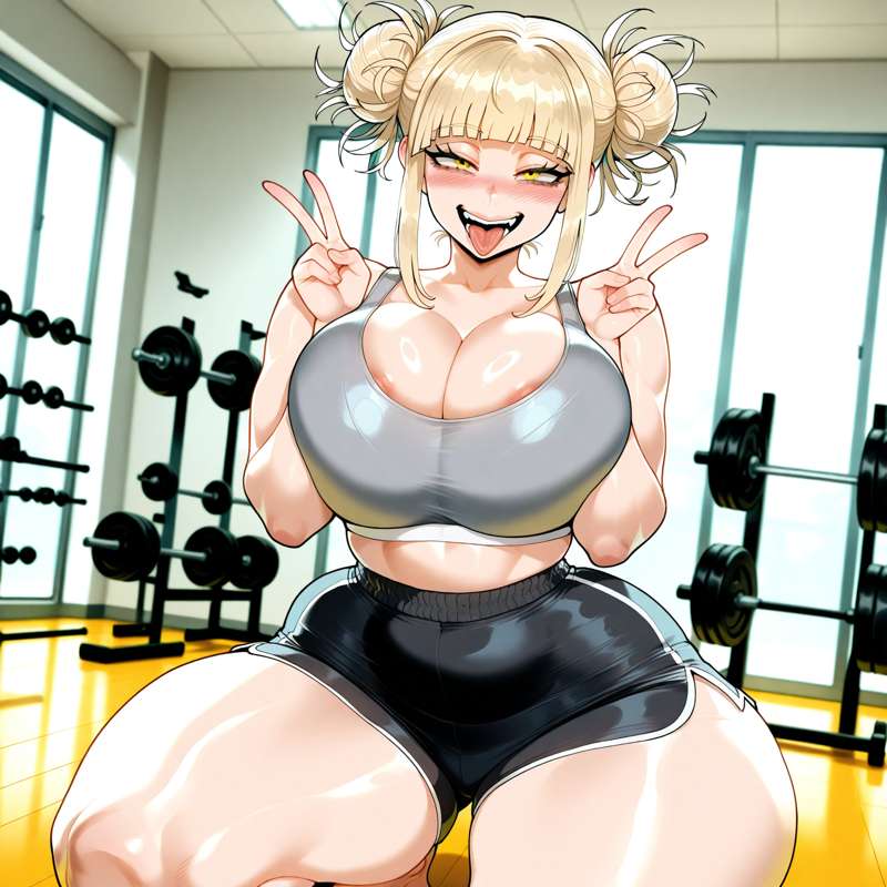 1girls, ai generated, big breasts, blonde hair, boku no hero academia, breasts, female, gym, gym clothes, hair, himiko toga, light skin, light-skinned female, muscular, muscular female, my hero academia, short hair, short shorts, solo, solo female, thick thighs, thighs, tongue, tongue out, vaporeeoniteai, yellow eyes