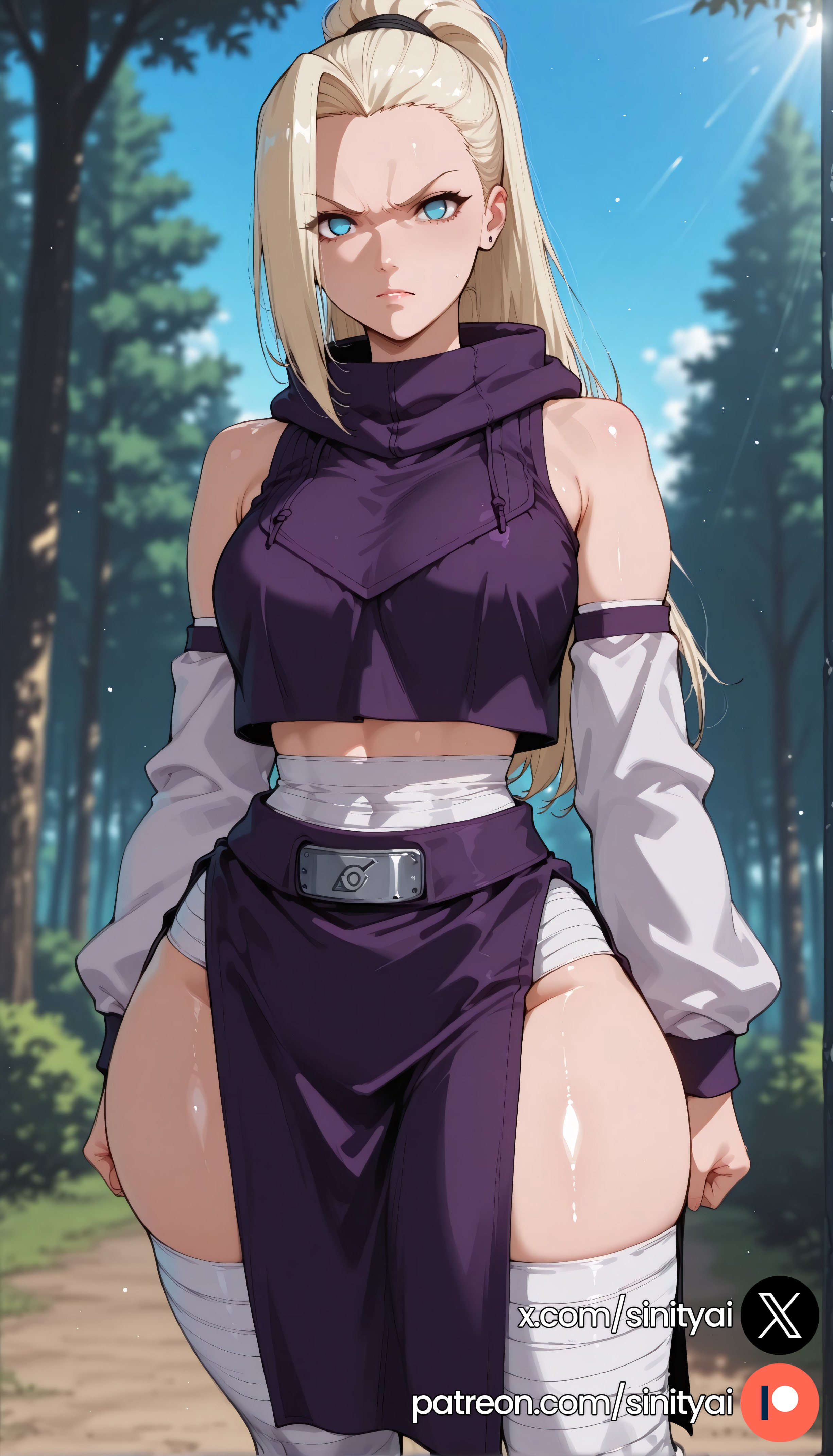 1girls, 2025, ai generated, ass, big ass, big breasts, blonde hair, blue eyes, blurred background, blurry background, breasts, depth of field, female, hi res, high ponytail, high quality, high resolution, highres, huge ass, huge breasts, huge thighs, ino yamanaka, long hair, naruto, naruto (series), naruto shippuden, ponytail, sinity, small waist, thick thighs, thin waist