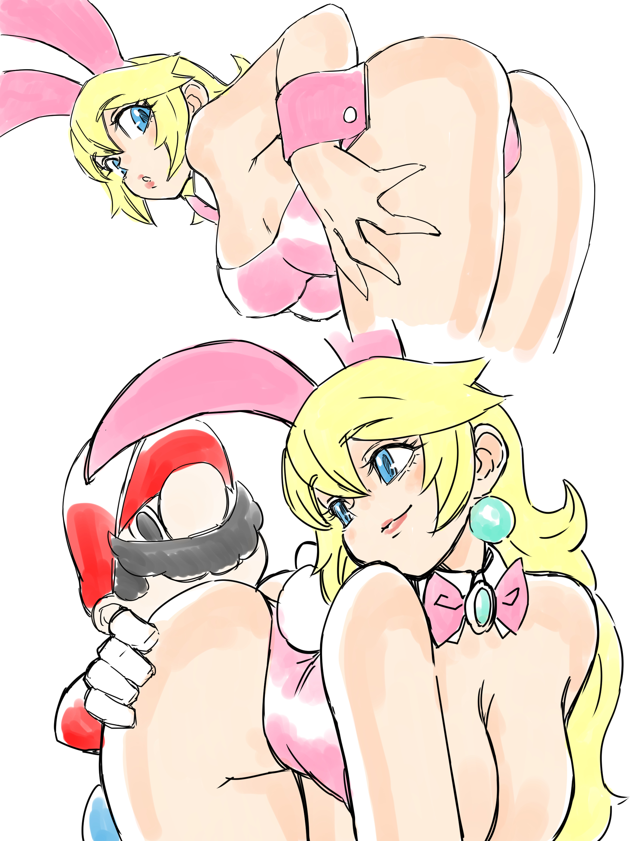 1boy, 1girls, absurdres, animal ears, ass, ass focus, black hair, blonde hair, bow, bowtie, breasts, bunny ears, bunny girl, bunny tail, bunnysuit, earrings, facial hair, female, grabbing another's ass, groping, hat, highleg, highleg leotard, highres, jewelry, legs, leotard, male, mario, mario (series), moustache, nintendo, overalls, pink leotard, playboy bunny, princess peach, rabbit ears, red shirt, shirt, straight, strapless, strapless leotard, super mario bros., thighs, toshinoshin
