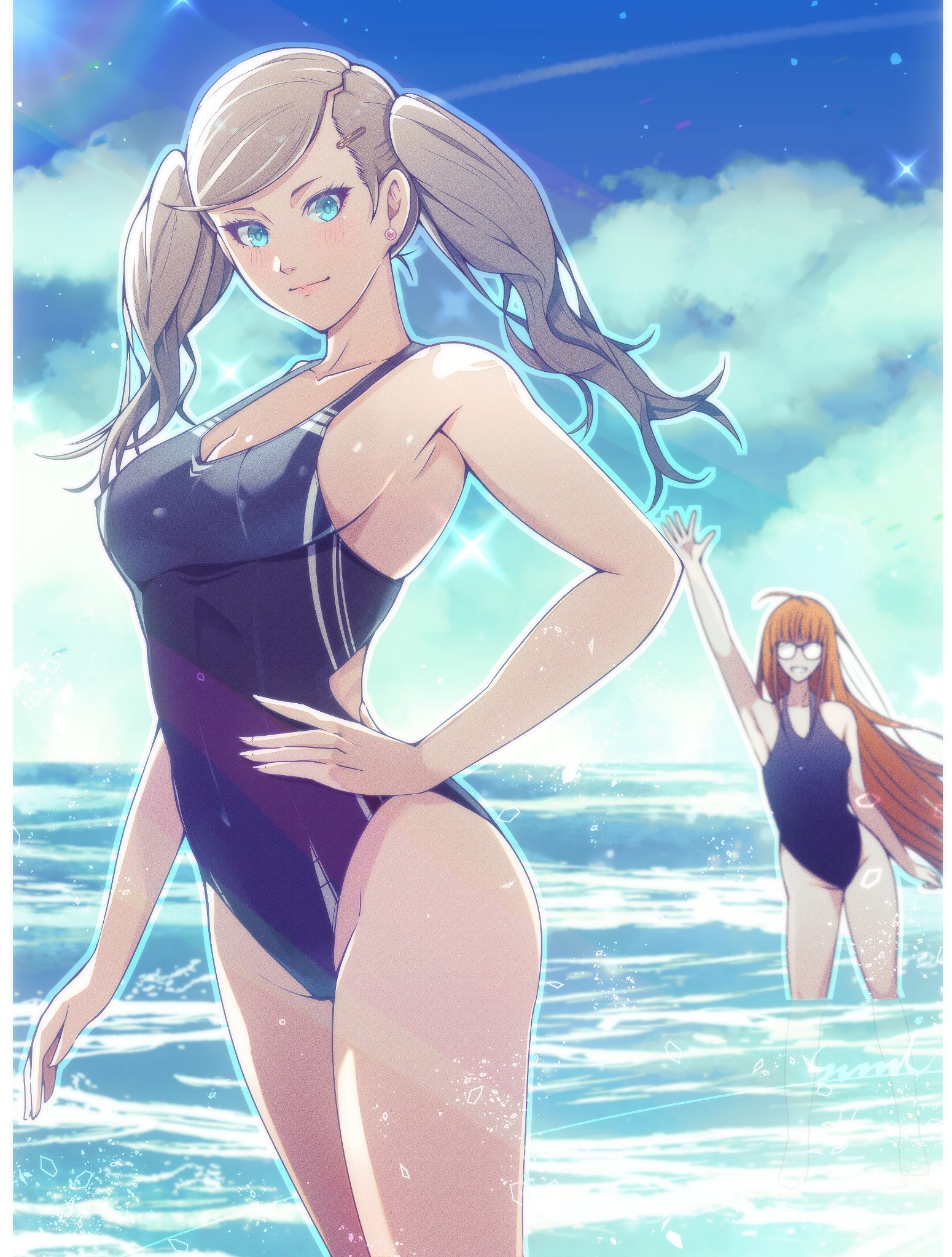 2girls, ann takamaki, bangs, big breasts, blue eyes, blue sky, blue swimsuit, breasts, cleavage, cloud, competition swimsuit, corner50777313, day, female, hand on hip, long hair, looking at viewer, multiple females, multiple girls, one-piece swimsuit, orange hair, outdoors, persona, persona 5, pool, sakura futaba, sky, smile, sparkle, standing, swept bangs, swimsuit, twintails, wading, water