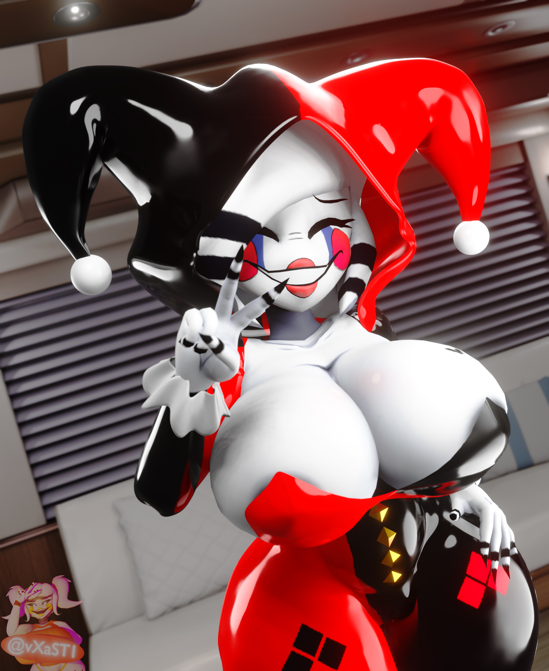 1girls, 3d, 3d (artwork), breasts, cleavage, fazclaire's nightclub, female, female only, five nights at freddy's, fredina's nightclub, harley quinn (cosplay), hi res, huge breasts, marie (cally3d), marie (cryptia), marionette (fnaf), peace sign, puppet (cally3d), puppet (fnaf), scottgames, smile, smiling, solo, solo female, v sign, vxast