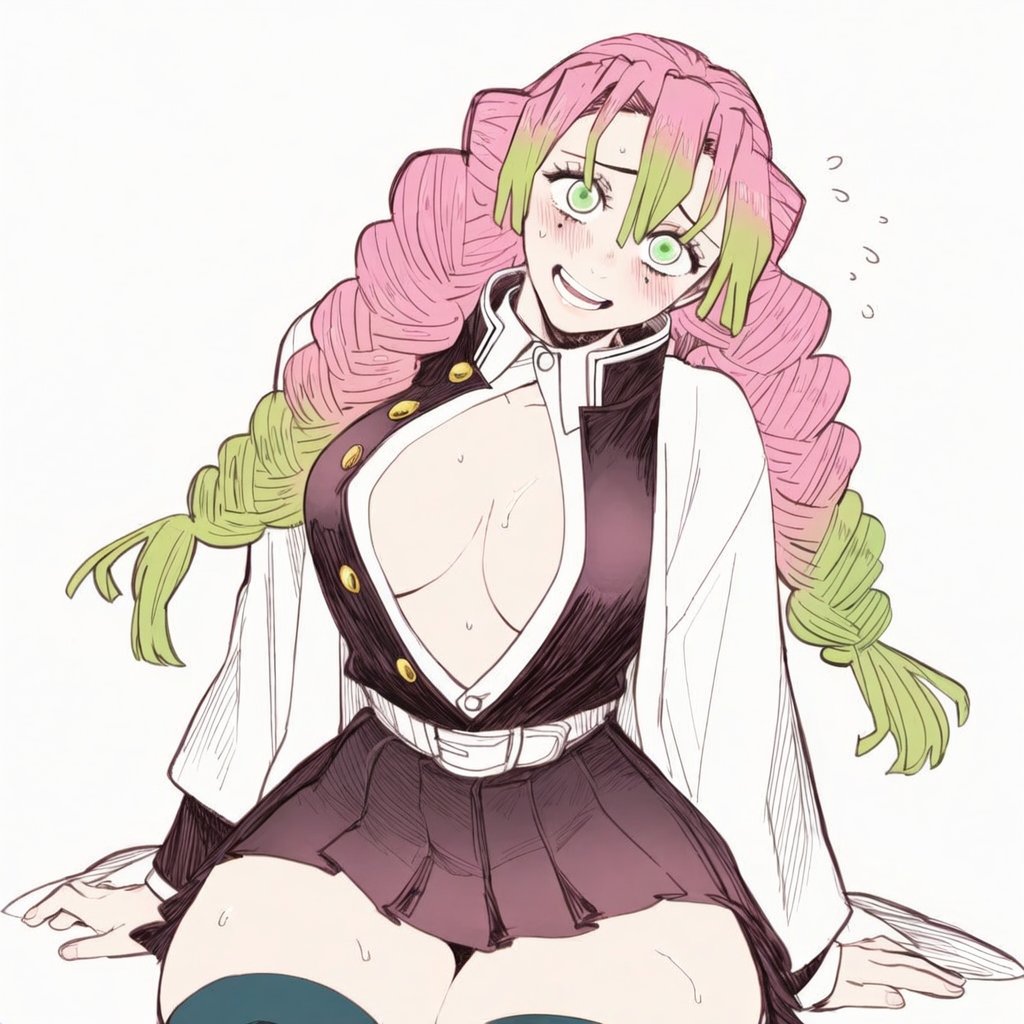1girls, ai assisted, ai generated, big breasts, blush, braid, breasts, cleavage, demon slayer, female, gradient hair, green eyes, green hair, haori, japanese clothes, kanroji mitsuri, kimetsu no yaiba, lapis slopzuli, large breasts, long hair, long sleeves, looking at viewer, mole, mole under eye, multicolored hair, open mouth, open shirt, partially unbuttoned, pink hair, solo, sword, thick thighs, thighs