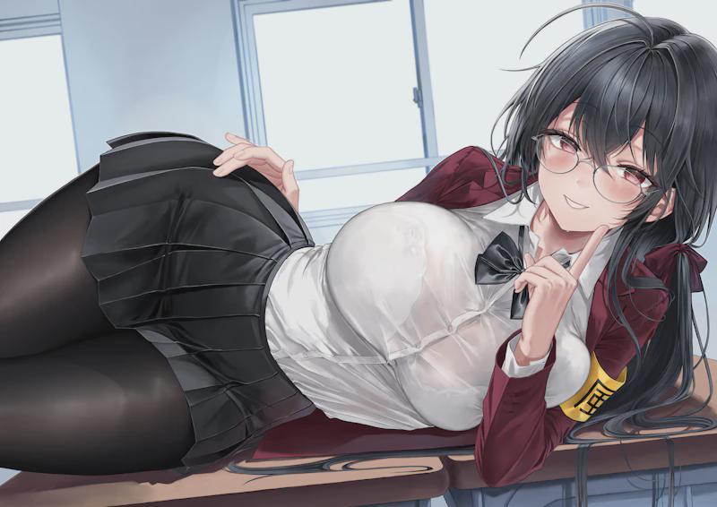 ahoge, armband, azur lane, black bow, black bowtie, black hair, black pantyhose, black skirt, blush, bow, bowtie, bra, bra visible through clothes, breasts, cg, collared shirt, crossed bangs, desk, dress shirt, female, glasses, hair between eyes, hair ribbon, huge ahoge, index finger raised, indoors, jacket, large breasts, long hair, long sleeves, looking at viewer, lying, miniskirt, official alternate costume, on desk, on side, open clothes, open jacket, pantyhose, pleated skirt, red eyes, red jacket, round eyewear, school desk, school uniform, see-through, shirt, shirt tucked in, skirt, smile, solo, taihou (azur lane), taihou (sweet time after school) (azur lane), thighs, underwear, white shirt, window, yellow armband