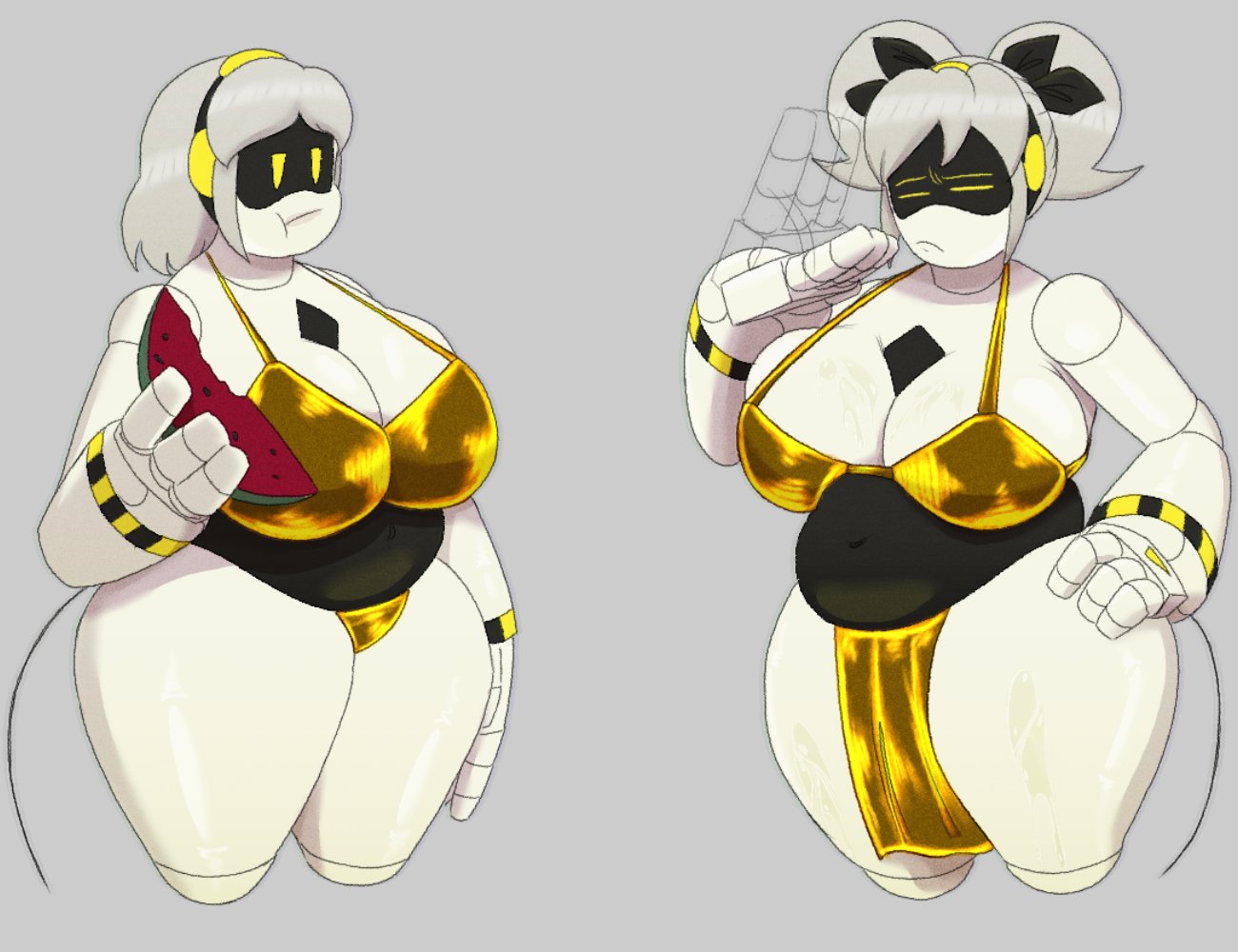 2girls, abrahamslapper, chubby female, female, female only, gold bikini, golden bikini, hyper breasts, j (murder drones), loincloth, murder drones, v (murder drones), watermelon