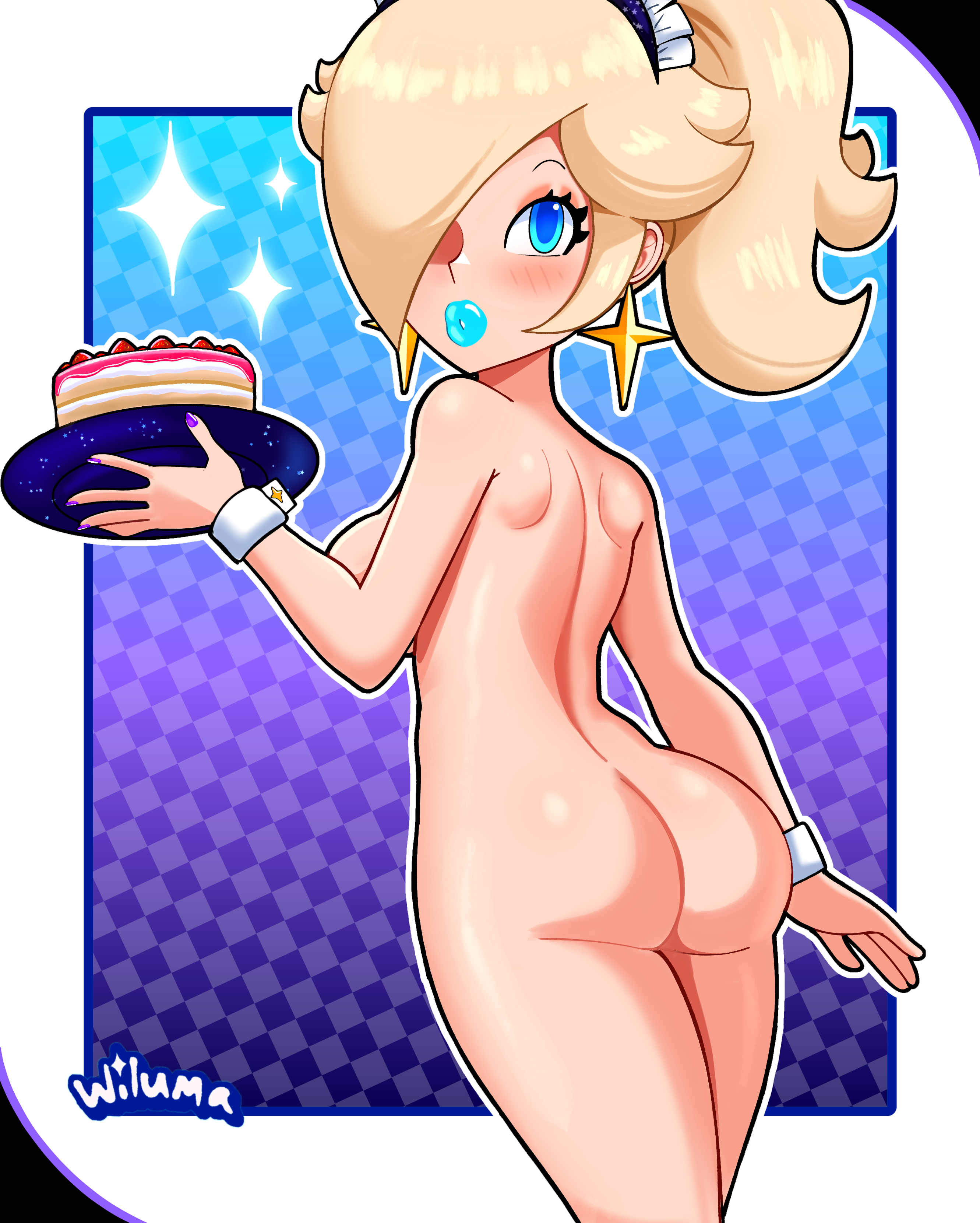 1girls, alternate version available, armwear, ass, back, back view, backboob, bare legs, big breasts, big lips, bimbo, bimbo lips, blonde hair, blue eyes, blue lips, blue lipstick, blush, breasts, cake, ear piercing, earrings, female, female only, hair, hair over one eye, half-closed eyes, headdress, headwear, holding object, holding plate, lips, lipstick, looking back, maid headdress, mario (series), nail polish, nails, naked, naked female, nintendo, nude, nude female, parted lips, plate, plump lips, ponytail, princess rosalina, purple nail polish, purple nails, solo, solo female, sparkles, star earrings, thick lips, thighs, tied hair, topless, wiluma