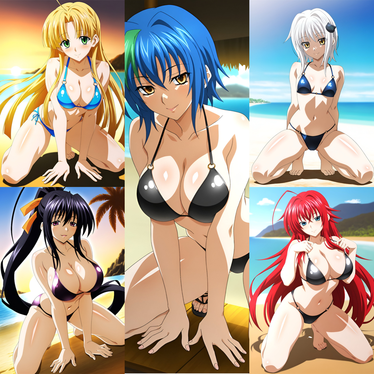5girls, ai generated, asia argento, bikini, black bikini, black hair, blonde hair, blue bikini, blue hair, clothed, clothed female, duderu vanilla, female, female only, high school dxd, himejima akeno, koneko toujou, multiple girls, purple bikini, red hair, rias gremory, swimsuit, white hair, xenovia quarta