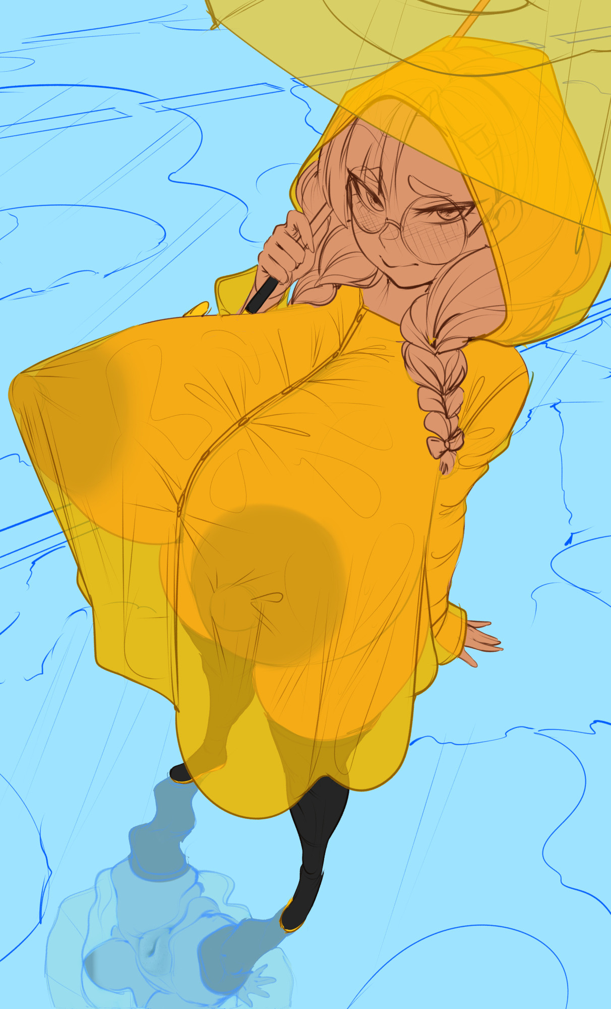 big areola, breasts, female, huge breasts, original character, raincoat, snaart, transparent clothing, umbrella