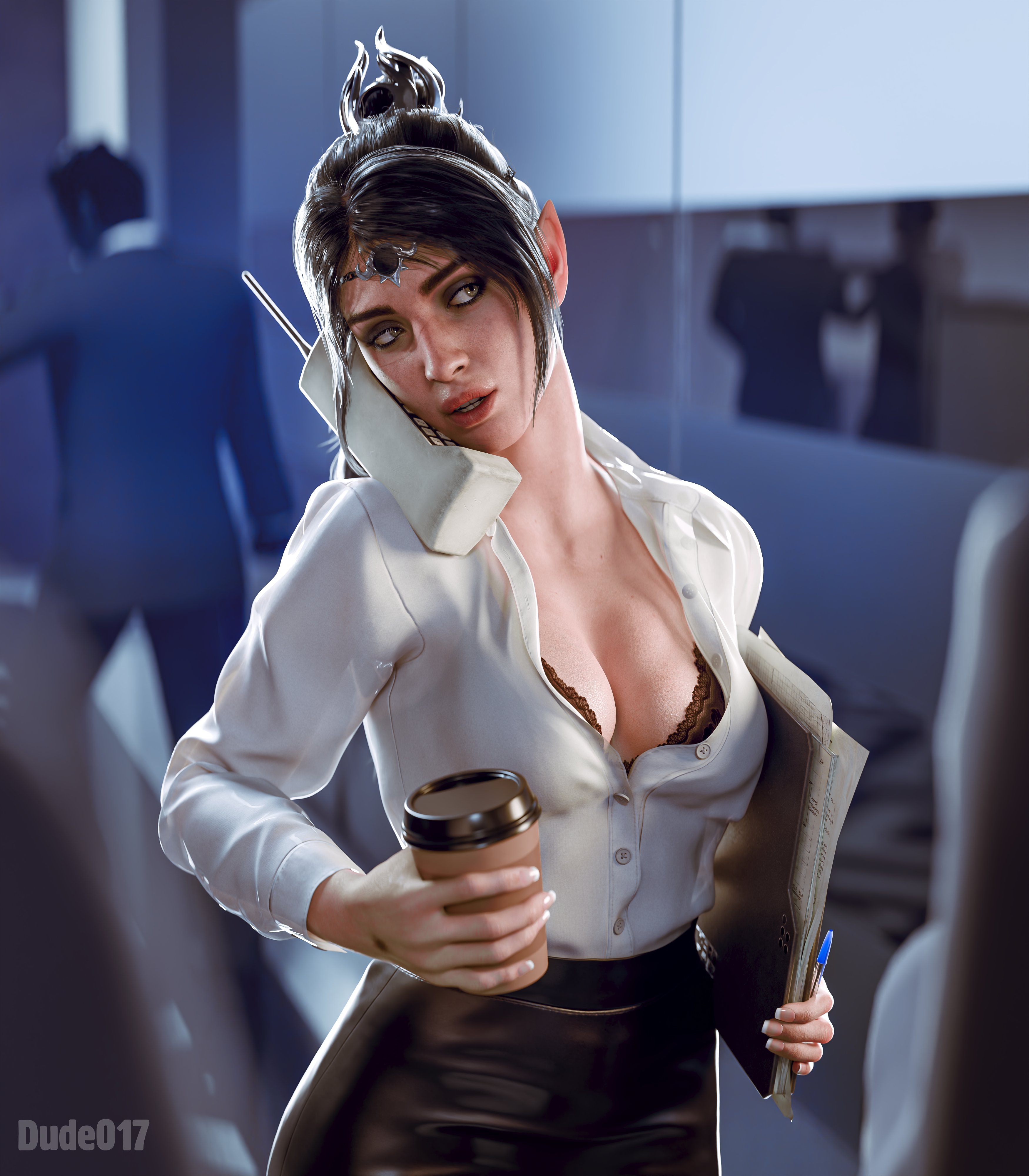 1girls, 3d, 80's theme, 80s, baldur's gate 3, bra, business woman, cellphone, cleavage, coffee, dude017, elf, female, female only, french nails, half-elf, light skin, light-skinned female, mobile phone, office, office clothing, office lady, pointy ears, shadowheart, skirt, talking on phone, unbuttoned, unbuttoned shirt