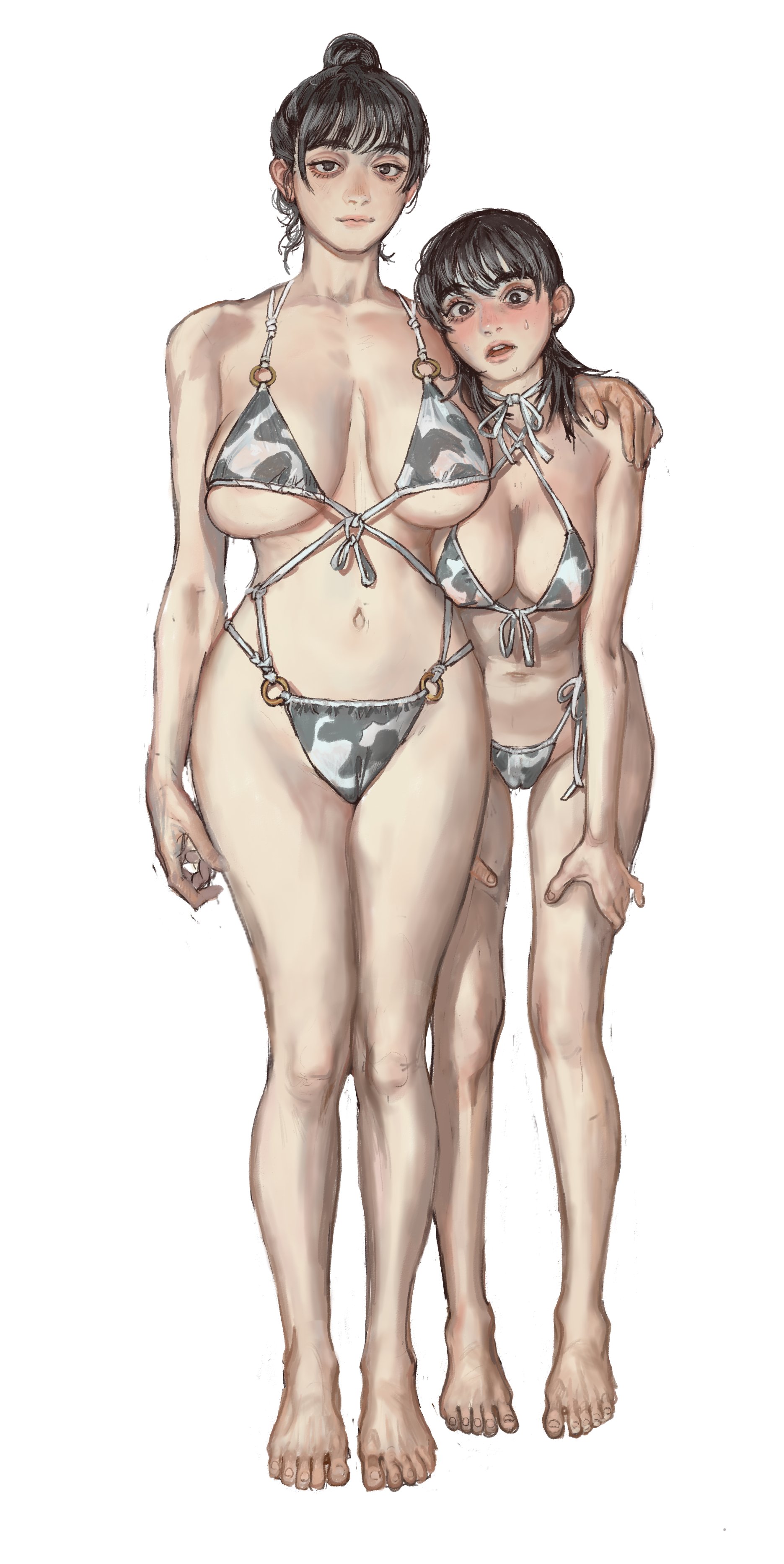 1girls, 1milf, 2girls, areola, areola slip, areolae, areolae peeking, areolae slip, asa's mother, belly button, big breasts, bikini, black hair, breasts, camel toe, cameltoe, chainsaw man, cowprint, cowprint bikini, female, large breasts, looking at viewer, mature female, milf, mitaka asa, mossa, mossacannibalis, mother and child, mother and daughter, sagging breasts, saggy breasts, teenage female