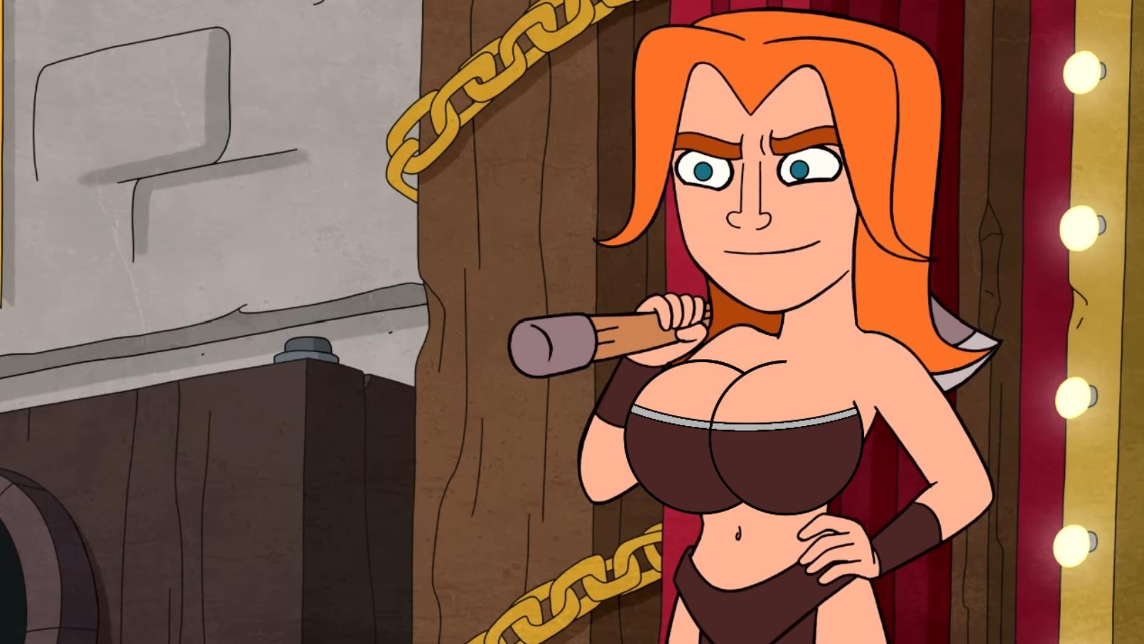 1girls, axe, big breasts, breasts, clash (series), clash a rama, clash of clans, clash royale, clothed, clothed female, clothing, confident smile, edit, female, female focus, female only, hand on hip, hips, large breasts, nut-master, screenshot edit, short hair, smile, smiling, solo, solo female, solo focus, standing, valkyrie (clash of clans)