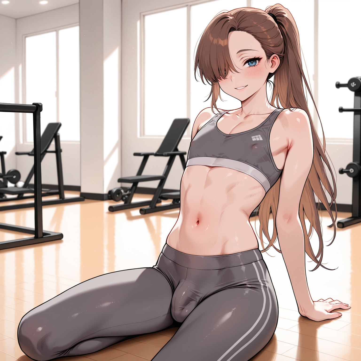 1boy, 1femboy, 2025, ai generated, alternate version available, aqua eyes, arm support, belly, blue eyes, blush, borrowed character, brown hair, bulge, civitai, crossdressing, erect penis, femboy, feminine male, girly, gym, hair over one eye, hourglass figure, indoors, kaoru (yasson yoshiyuki), long hair, looking at viewer, male, midriff, navel, nipples, nipples visible through clothing, nipples visible through sports bra, pants, pectorals, penis, ponytail, seiza, solo, someone else's oc, sports bra, sports uniform, sportswear, tight clothes, tight clothing, tight fit, tight pants, toshitoshiakiaki, trap, yoga pants