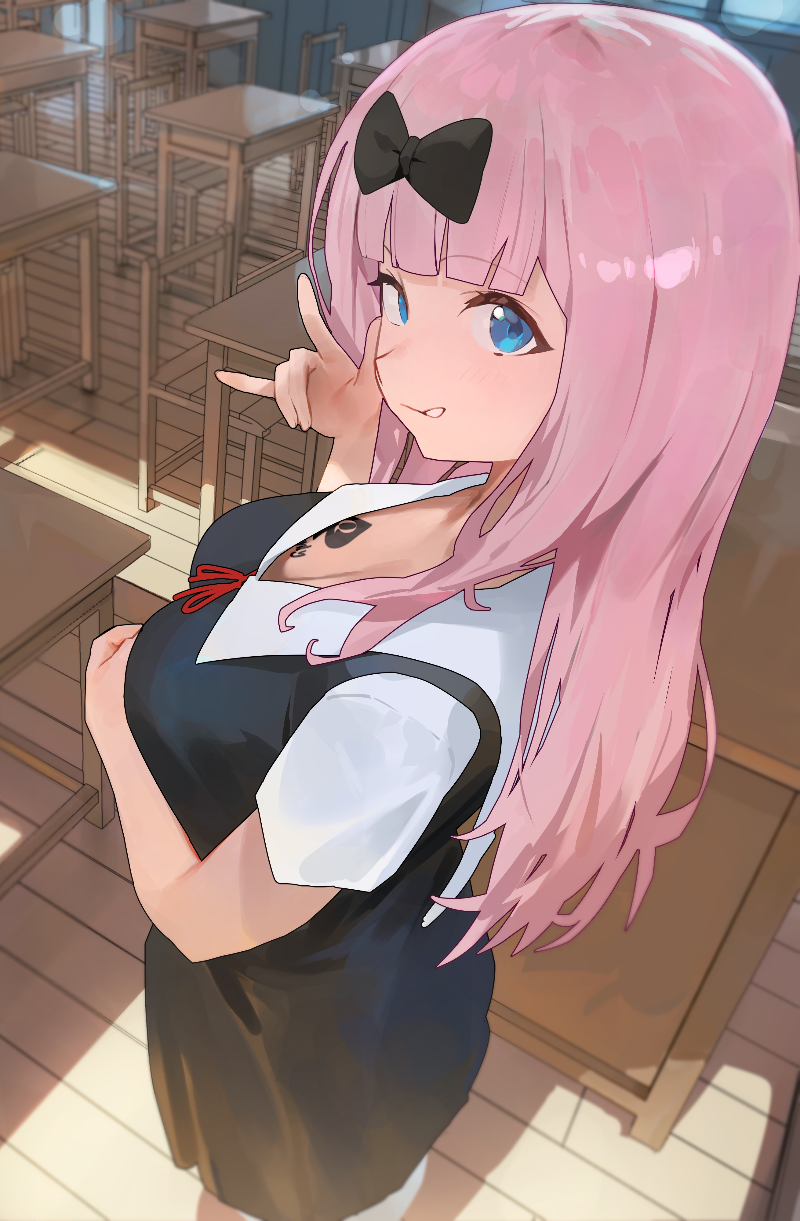 1girls, black bow, black dress, blue eyes, blunt bangs, blush, bow, breasts, classroom, cleavage, collared shirt, commentary, dress, edit, edited, female, fujiwara chika, hairbow, highres, hood (james x), hood x art, indoors, kaguya-sama wa kokurasetai ~tensai-tachi no renai zunousen~, large breasts, long hair, looking at viewer, neck ribbon, pink hair, queen of spades, queen of spades symbol, queen of spades tattoo, red ribbon, ribbon, school uniform, shirt, short sleeves, shuuchiin academy school uniform, smile, solo, subtle, third-party edit, white shirt