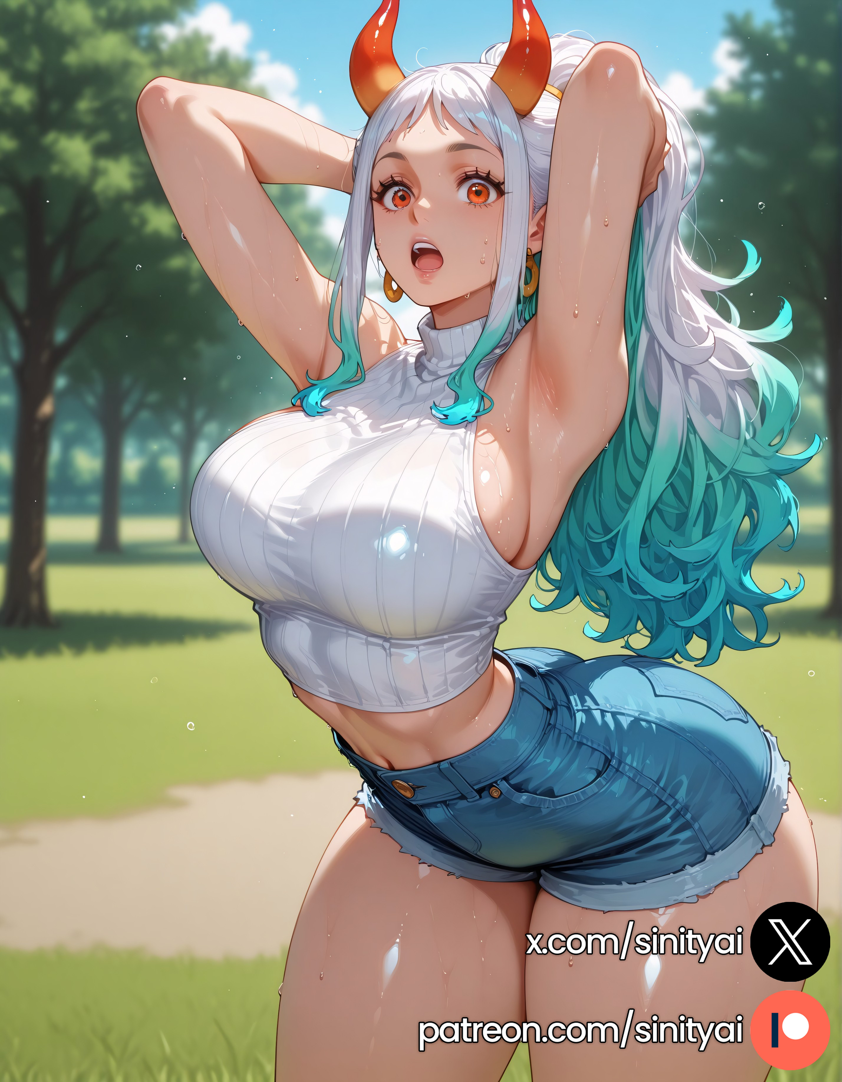 1girls, 2025, ai generated, aqua hair, ass, big ass, big breasts, blue hair, blurred background, blurry background, breasts, depth of field, earrings, female, female only, hair stick, hi res, high quality, high resolution, highres, horn, horns, huge ass, huge breasts, huge thighs, long hair, multicolored hair, one piece, orange hair, sinity, small waist, thick thighs, thin waist, white hair, yamato (one piece)