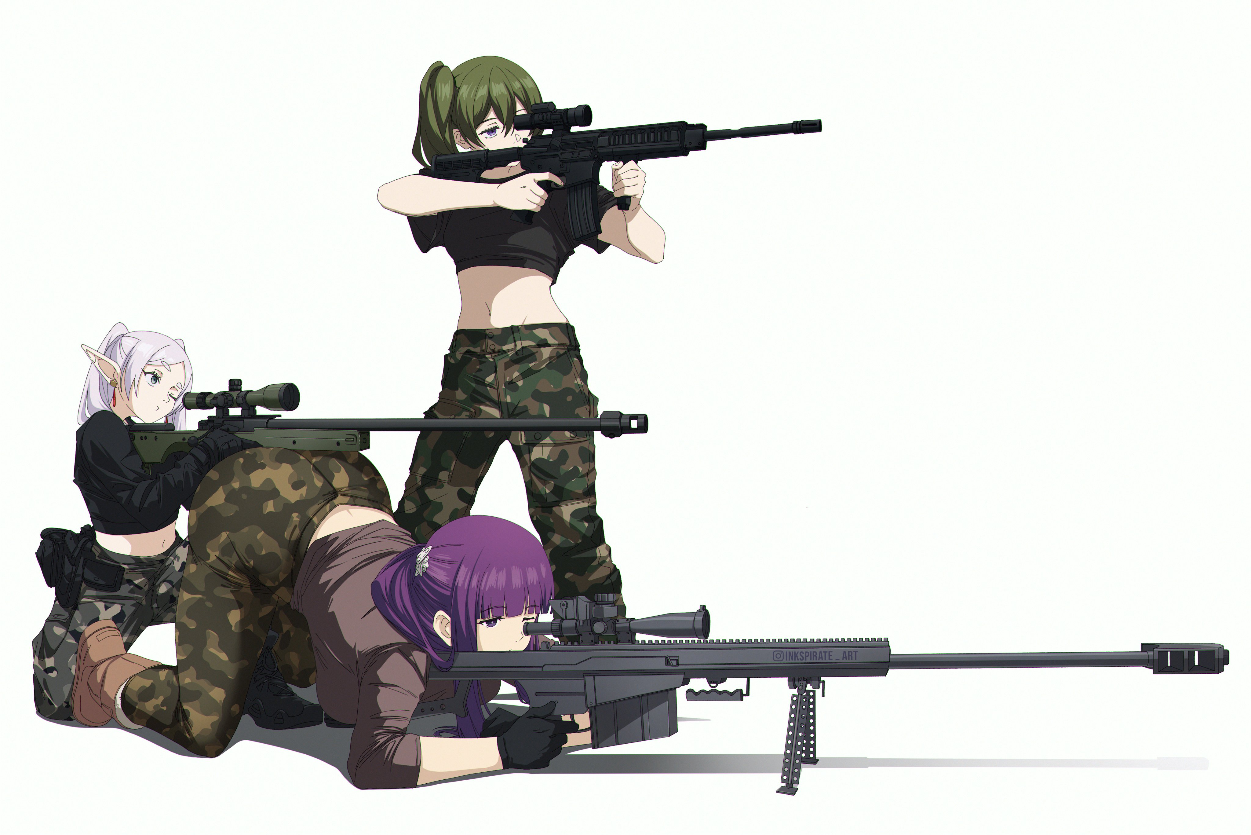 :/, 3girls, absurdres, aiming, ammunition pouch, anti-materiel rifle, ar-15, ass, assault rifle, barrett m82, black boots, black gloves, black shirt, bolt action, boots, brown boots, brown shirt, camouflage, camouflage pants, cargo pants, closed mouth, combat boots, contemporary, cropped shirt, double-parted bangs, earrings, elf, female, fern (sousou no frieren), finger on trigger, frieren, gloves, green eyes, green hair, grey hair, gun, hair between eyes, hair ornament, highres, holding, holding gun, holding weapon, human bipod, inkspirate, instagram logo, instagram username, jewelry, long hair, long pointy ears, midriff, multiple females, multiple girls, navel, on one knee, one eye closed, pants, parted bangs, pointy ears, pouch, puckered lips, purple eyes, purple hair, rifle, scope, shadow, shirt, short eyebrows, short sleeves, side ponytail, simple background, sniper rifle, sousou no frieren, standing, thick eyebrows, three-quarter sleeves, top-down bottom-up, twintails, ubel (sousou no frieren), vertical foregrip, weapon, white background