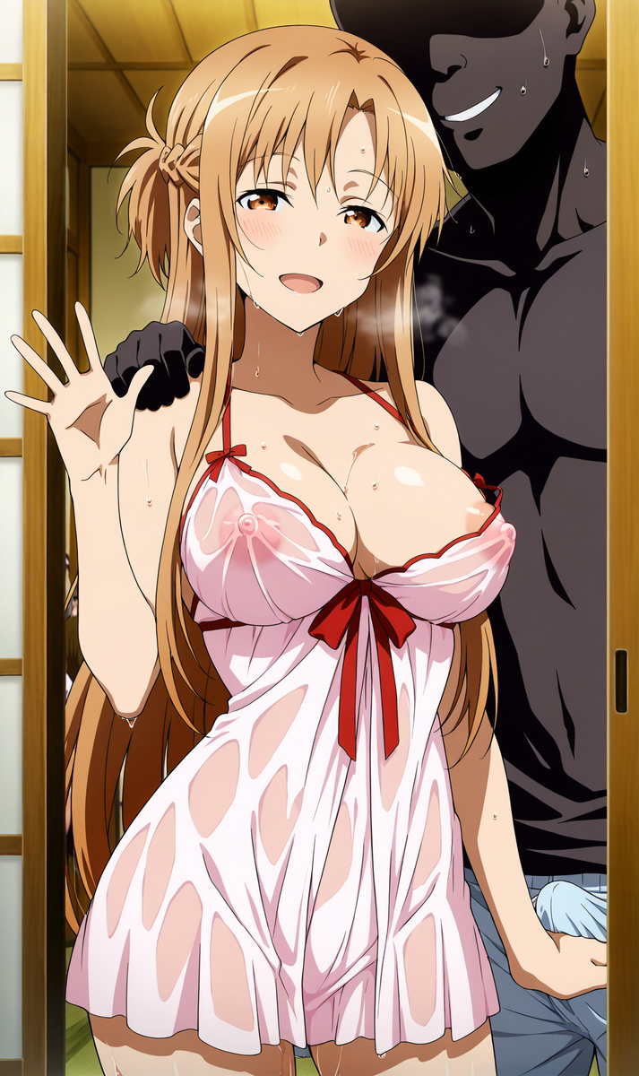ai generated, breasts, breasts out, camisole, cuckold, cuckold pov, cuckolding, door, doorway, erection, erection under clothes, female, netorare, ntr, see-through, see-through clothes, see-through clothing, see-through top, sword art online, tagme, translucent, translucent clothing, transparent, transparent clothing, yuuki asuna