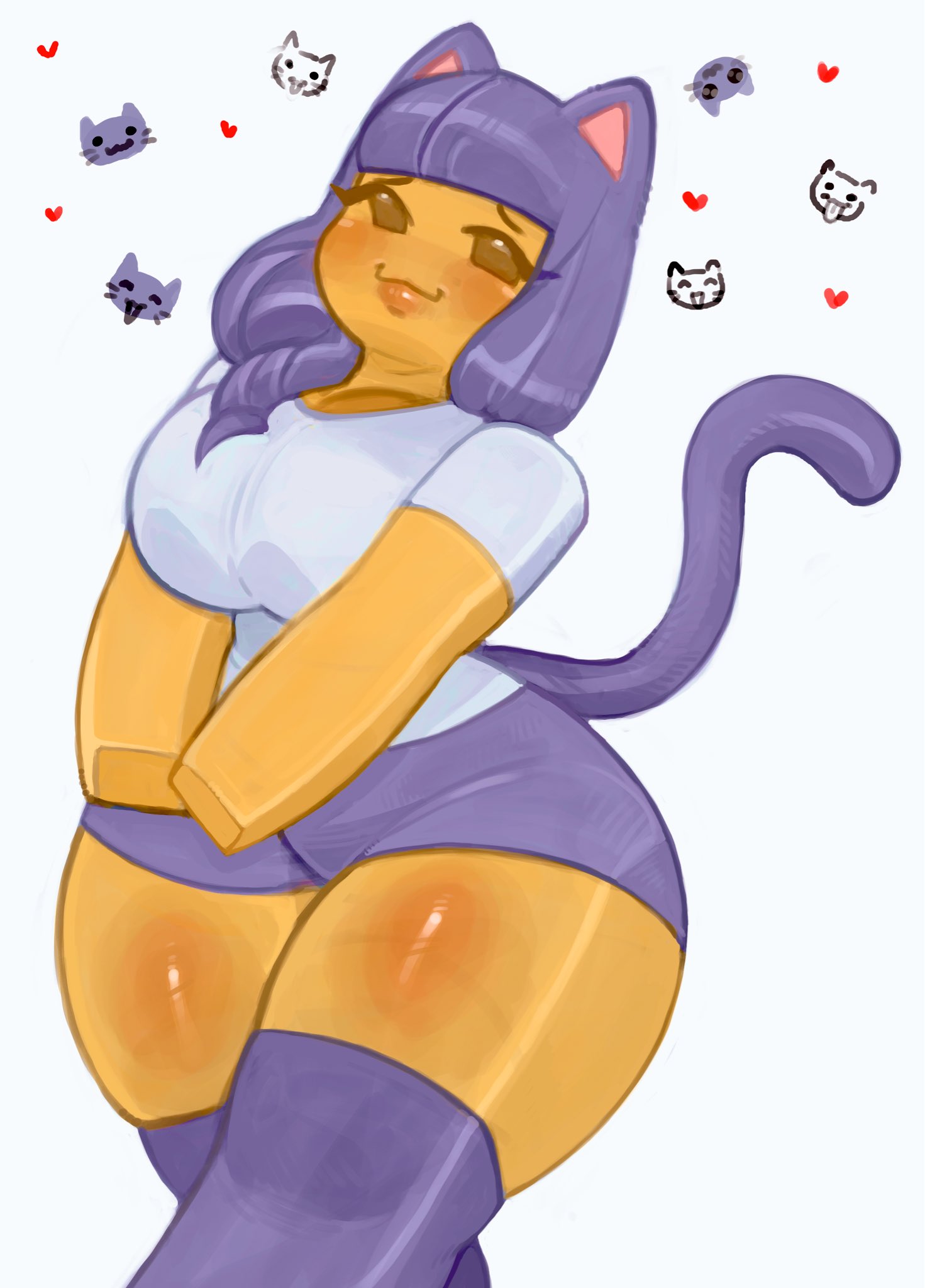 1girls, big breasts, blocky body, breasts, cat ears, cat girl, cat tail, clothed, cute, female, kewchiemcdouble, lips, pinkbobatoo, roblox, robloxian, shorts, skiddioop, stereodaddy, tagme, tan skin, thick thighs, thighs, yellow body