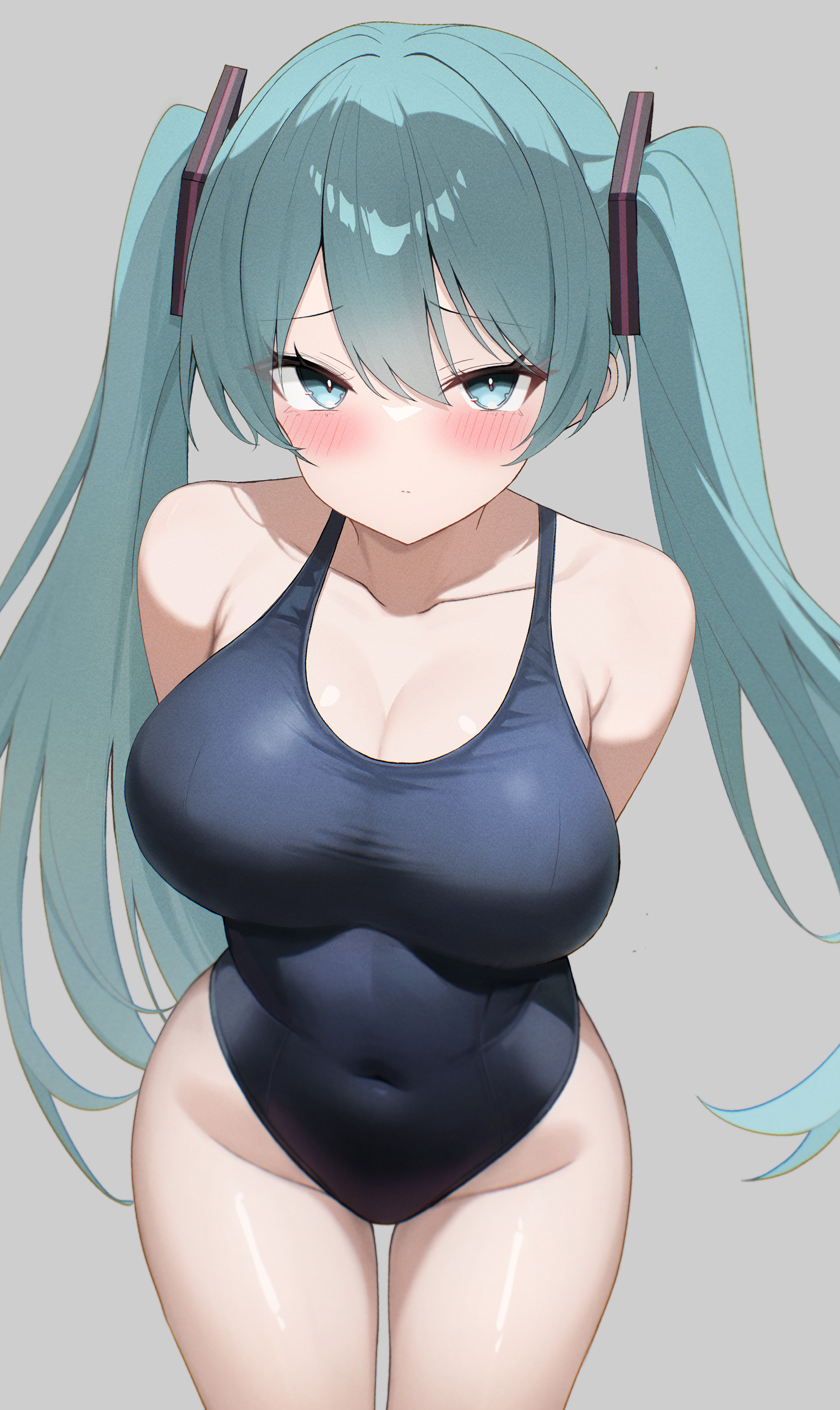 1girl, 1girls, aqua eyes, aqua hair, arms behind back, bangs, blue one-piece swimsuit, blush, breasts, cleavage, closed mouth, collarbone, covered navel, cowboy shot, eikawa suru, female, grey background, hair ornament, hatsune miku, large breasts, long hair, looking at viewer, one-piece swimsuit, simple background, solo, swimsuit, twintails, very long hair, vocaloid