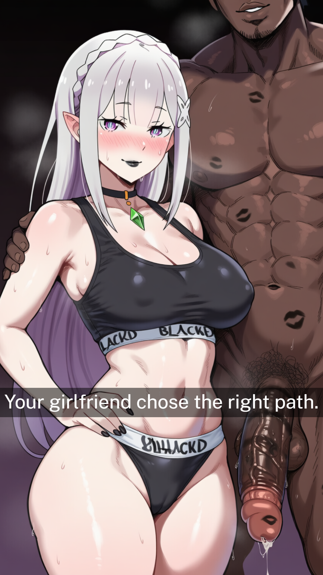 1boy, 1boy1girl, 1girl1boy, 1girls, 2boys, about to have sex, abs, after sex, ai assisted, ai generated, black bra, black choker, black lips, black nails, black panties, black sports bra, blacked, blacked clothing, blush, bra, braid, breasts, cheating, cheating (relationship), choker, cleavage, clothed female nude male, covered nipples, cuckold, cuckolding, dark penis, dark skin, dark-skinned male, emilia (re:zero), english text, female, flaccid, hair ornament, half-erect, hand on another's shoulder, inminent sex, interracial, large breasts, large penis, lipstick mark on penis, long hair, looking at viewer, male pubic hair, male underwear, muscular, muscular male, nay juno, netorare, ntr, nude, panties, parted lips, penis, precum, pubic hair, purple eyes, queen of spades symbol, re:zero kara hajimeru isekai seikatsu, sexy, sexy pose, smile, snapchat, snapchat ntr, sports bra, stomach, teasing cuck, teasing cuck with phone, text, uncensored, underwear, very dark skin, white hair