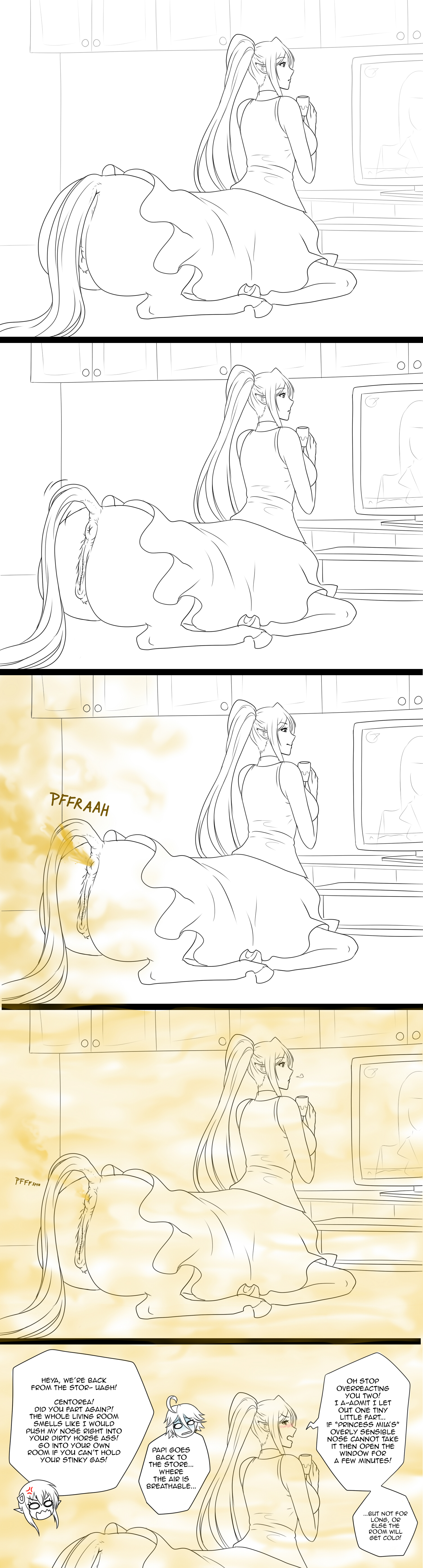 anus, artist request, centaur, centauress, centorea shianus, clothing, comic, disgusted, embarrassed, english text, excessive fart, fart, fart cloud, fart everywhere, fart fetish, farting, female, hyper fart, miia (monster musume), monochrome, monster musume no iru nichijou, papi (monster musume), pussy, taur, text