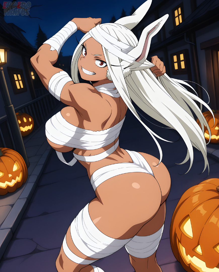 ai generated, ass, athletic female, bare thighs, big ass, big butt, boku no hero academia, breasts, bunny ears, bunny girl, butt, dark skin, dark-skinned female, eroero waifus, fat ass, female, gigantic ass, gigantic breasts, halloween, huge breasts, huge thighs, long hair, looking at viewer, looking back, massive ass, massive breasts, mirko, miruko, mummy, mummy costume, mummy wrappings, muscular, muscular female, my hero academia, night, outdoors, rabbit ears, rabbit girl, red eyes, rumi usagiyama, smiling, solo, solo female, squatting, sweat, sweatdrop, thick body, thick female, thick thighs, thighs, voluptuous, voluptuous female, white hair
