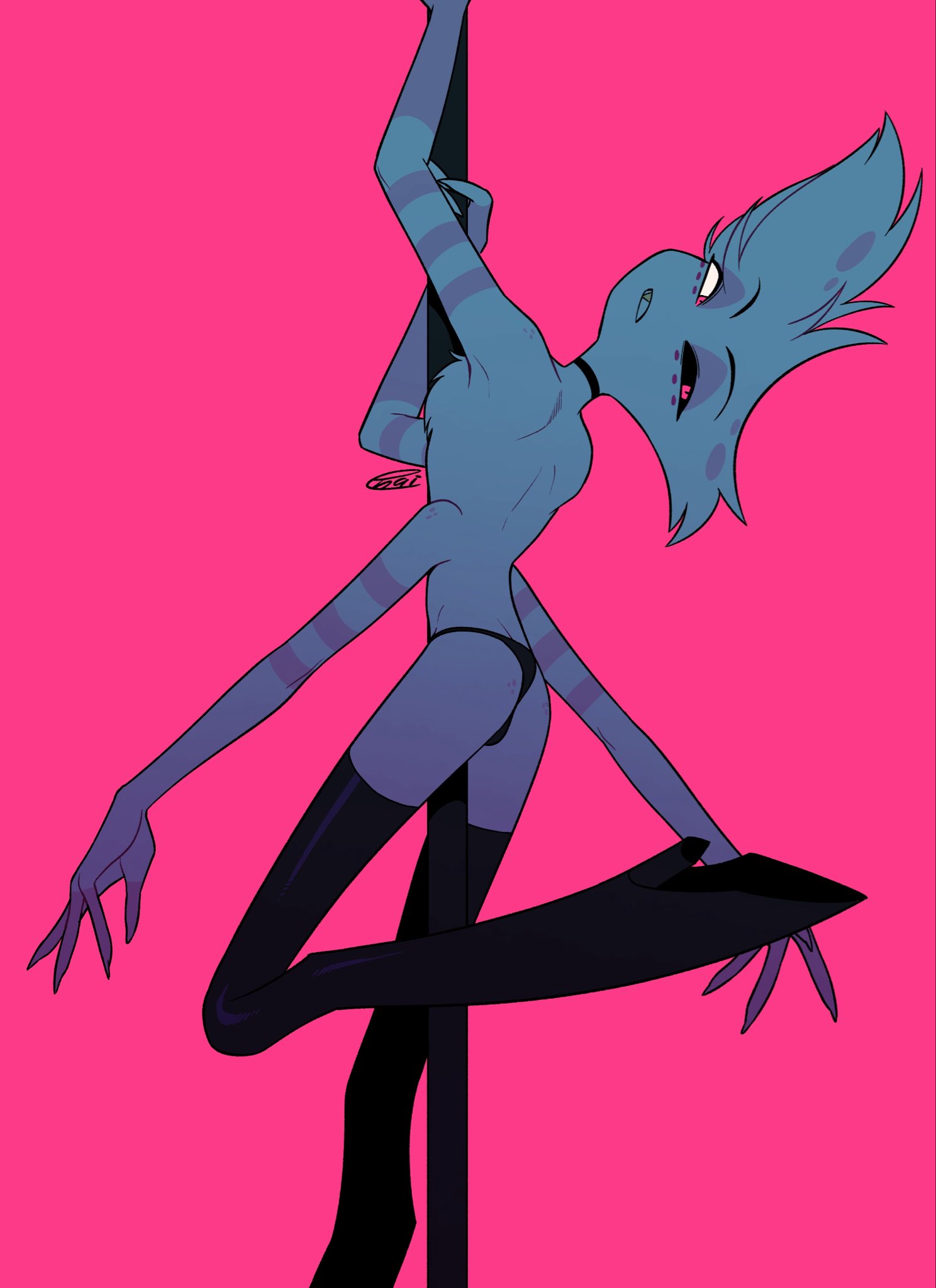 4 arms, angel dust (hazbin hotel), anthro, arachnid, arthropod, ass, boots, clothing, dancing, enaic31, femboy, footwear, hazbin hotel, hellaverse, hi res, legwear, male, multi arm, multi limb, pink background, pole, pole dancing, shoes, simple background, solo, spider, stripper pole, thigh boots, thigh highs, thong, underwear