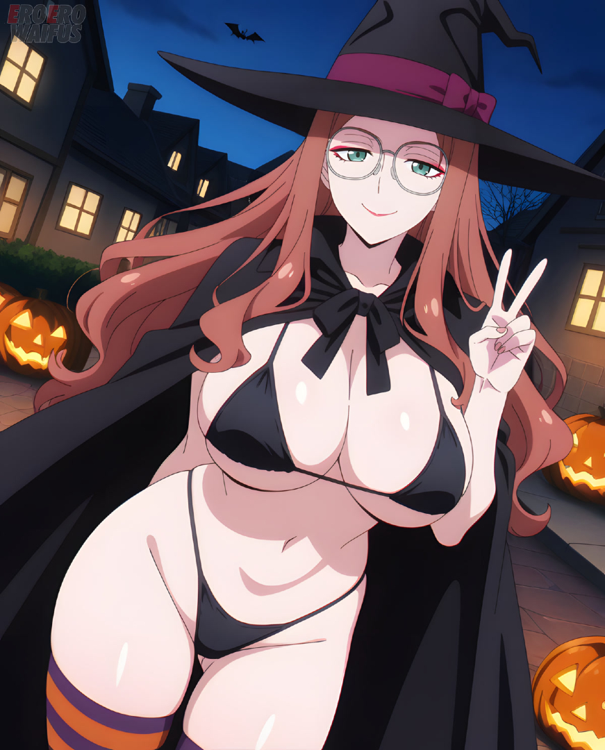 ai generated, bare thighs, bikini, breasts, cyan eyes, eroero waifus, female, gigantic breasts, glasses, halloween, huge breasts, huge thighs, light skin, light-skinned female, long hair, looking at viewer, massive breasts, mature female, milf, red hair, smiling, solo female, spy x family, squatting, sweat, sweatdrop, sylvia sherwood, thick body, thick female, thick thighs, thighs, voluptuous, voluptuous female, witch hat