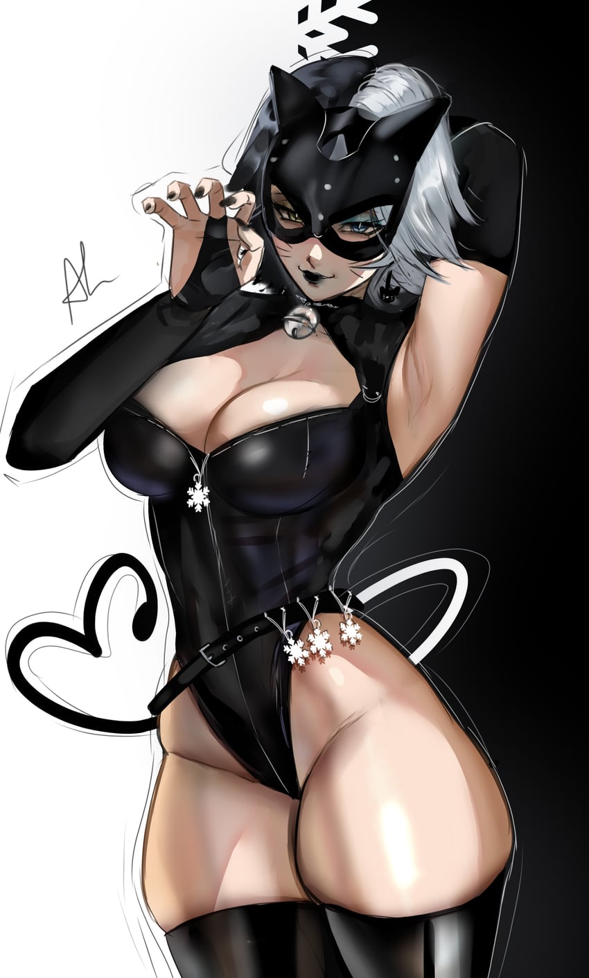 1girls, 2d, 2d (artwork), animal ears, arialla draws, arms up, asian, asian female, big breasts, black hair, black leotard, black lipstick, black nails, blue eyes, breasts, cat ears, cleavage, female, heterochromia, korean female, leotard, light skin, light-skinned female, luna snow, luna snow (marvel rivals), marvel, marvel comics, marvel rivals, mask, masked female, revealing clothes, snowflake ornament, thick thighs, thighs, tight clothing, two-tone hair, white hair