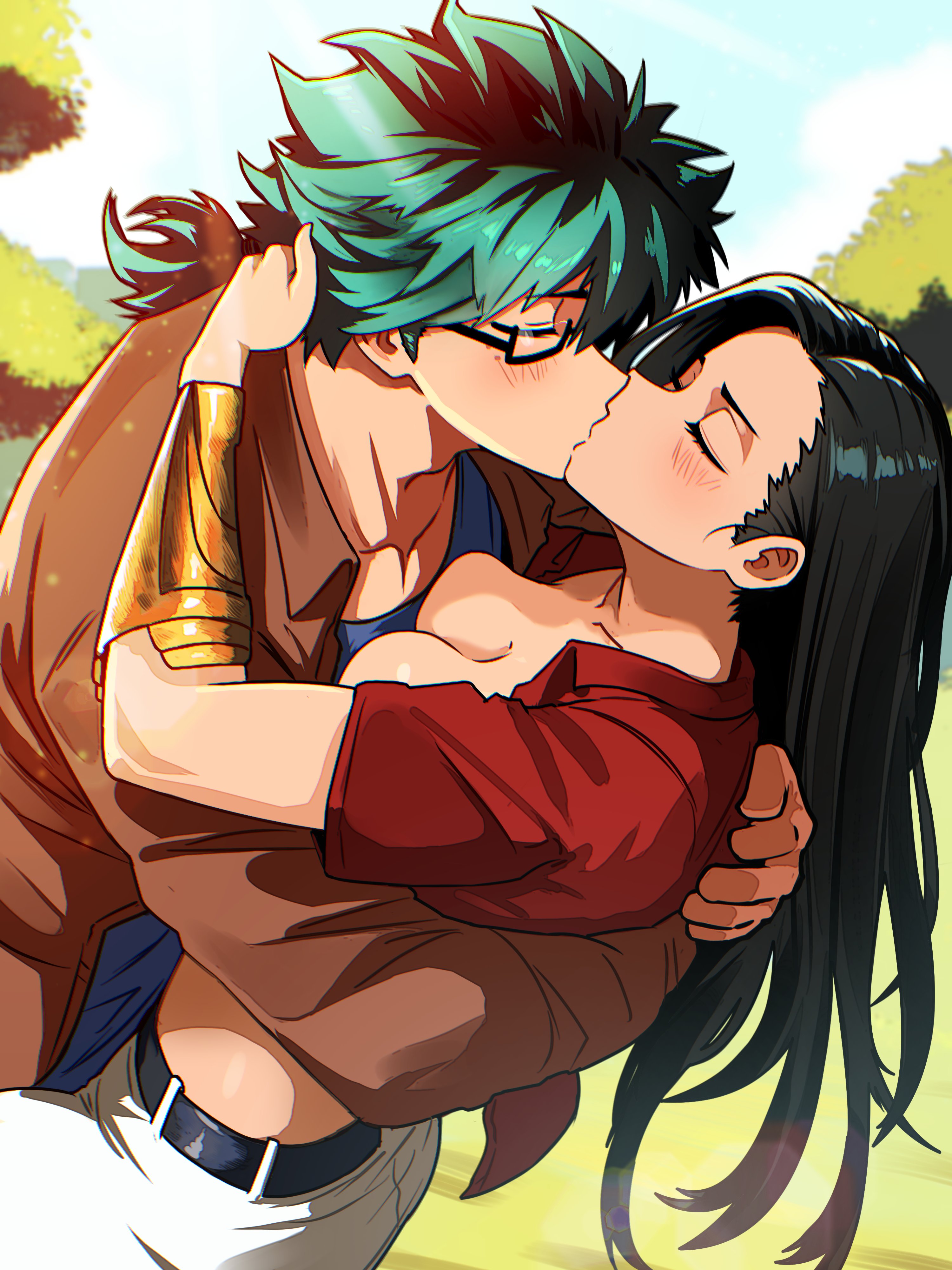 1boy, 1girls, belt, black belt, black hair, black-framed eyewear, black-haired female, boku no hero academia, breasts, closed eyes, couple, day, female, glasses, green hair, green-haired male, hug, izuku midoriya, kissing, long hair, male, medium breasts, medium hair, momo yaoyorozu, my hero academia, outdoors, pants, ponytail, profile, round eyewear, semi-rimless eyewear, vlizz, white pants