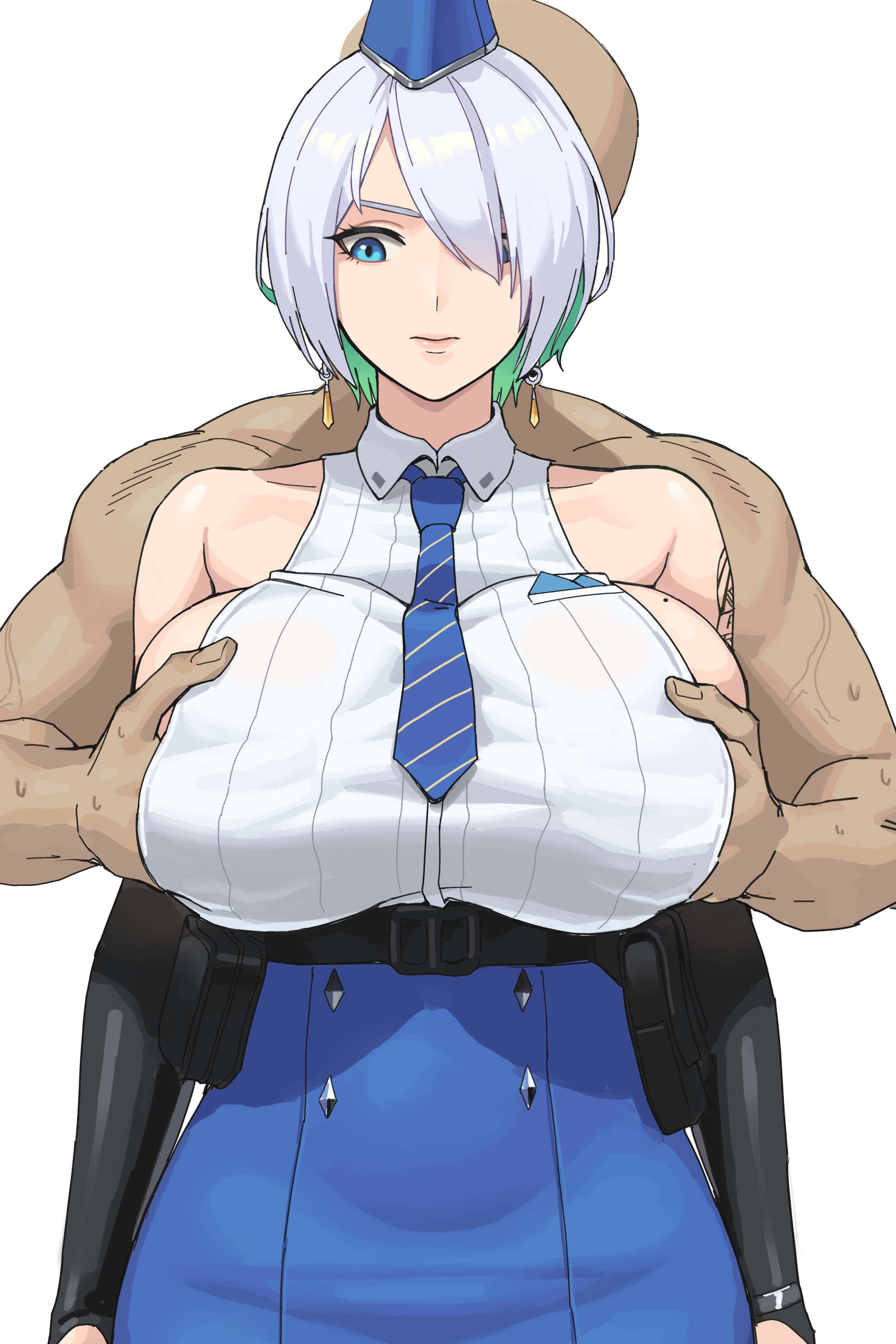 1girls, 1other, 2025, absurd res, ambiguous gender, anon, arm tattoo, bald, big breasts, blue eyes, breast grab, breasts, brid (nikke), busty, clothed, clothed female, clothing, colored inner hair, cowboy shot, curvaceous, curvy, double breast grab, duo, earrings, elbow gloves, female, female/ambiguous, fingerless gloves, front view, fully clothed, garrison cap, gloves, goddess of victory: nikke, grabbing, grabbing breasts, grabbing from behind, green hair, grey hair, groping, groping breasts, hair, hair over one eye, hand under clothes, hands under clothes, handwear, hat, headwear, hi res, huge breasts, human, human only, ksksksa, large breasts, light skin, light-skinned female, long skirt, medium hair, mole, mole on breast, multicolored hair, necktie, one eye obstructed, silver hair, simple background, skirt, sleeveless, sleeveless shirt, standing, tattoo, two-tone hair, white background, white hair