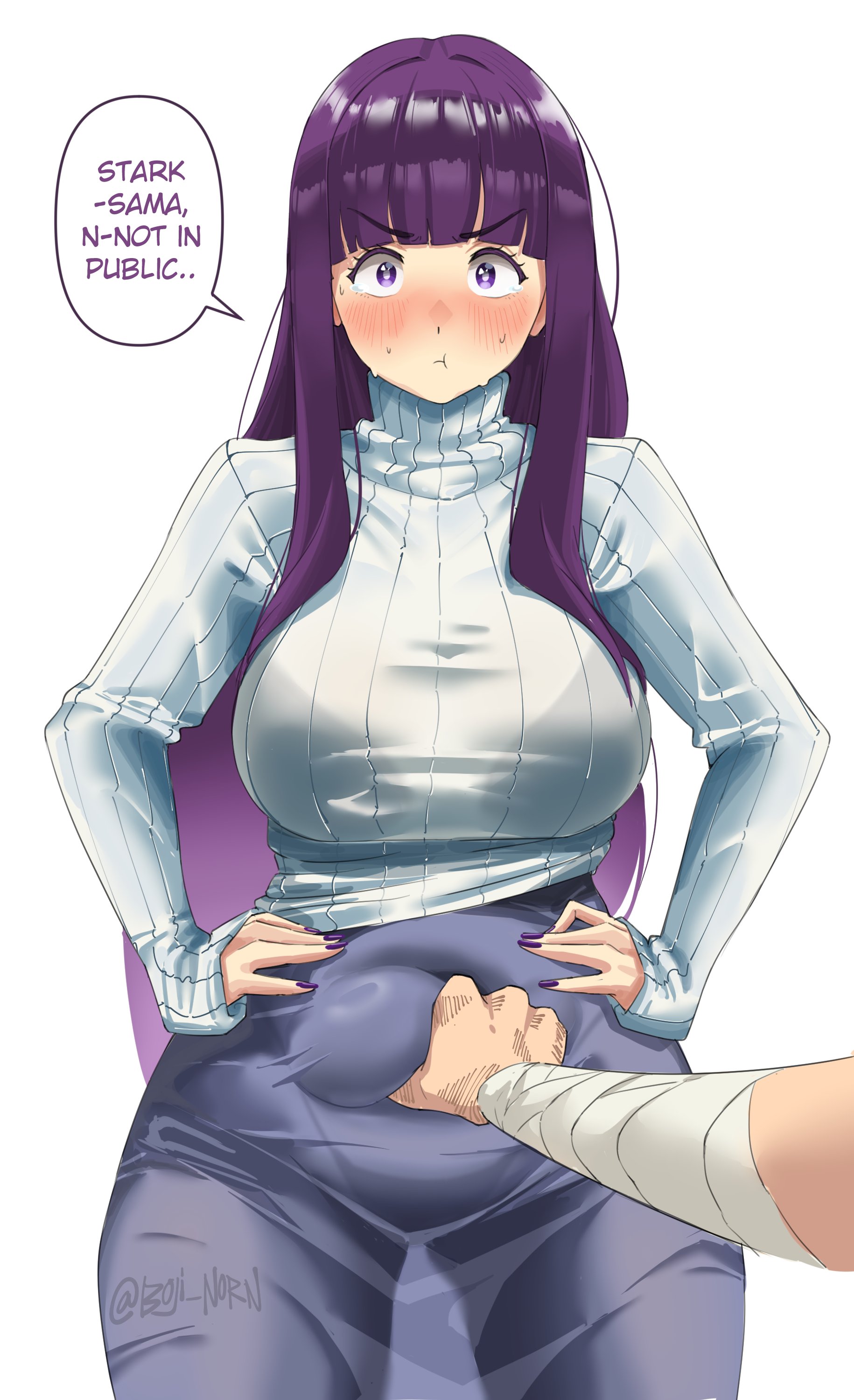 :t, 1boy, absurdres, arm wrap, blue skirt, blunt bangs, blush, boji norn, breasts, closed mouth, couple, english text, female, fern (sousou no frieren), grabbing another's stomach, hands on own hips, large breasts, long hair, looking at viewer, male, pout, purple eyes, purple hair, purple nails, simple background, skirt, solo focus, sousou no frieren, speech bubble, standing, stark (sousou no frieren), sweat, sweater, turtleneck, turtleneck sweater, twitter username, v-shaped eyebrows, white background, white sweater