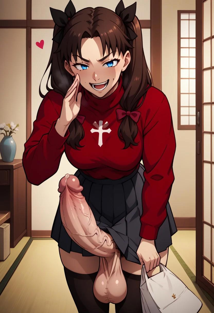 1futa, ai generated, balls, blue eyes, breasts, brown hair, civitai, erection, fate (series), fate/stay night, futa only, futanari, glans, heart, holding skirt, huge balls, indoors, intersex, medium breasts, mischievous smile, penis, penis under skirt, plumsandpeaches, precum, ribbon, sagging balls, shoji, solo, solo futa, tatami, thighhighs, tohsaka rin, trans woman, turtleneck, twintails, veiny penis, whispering