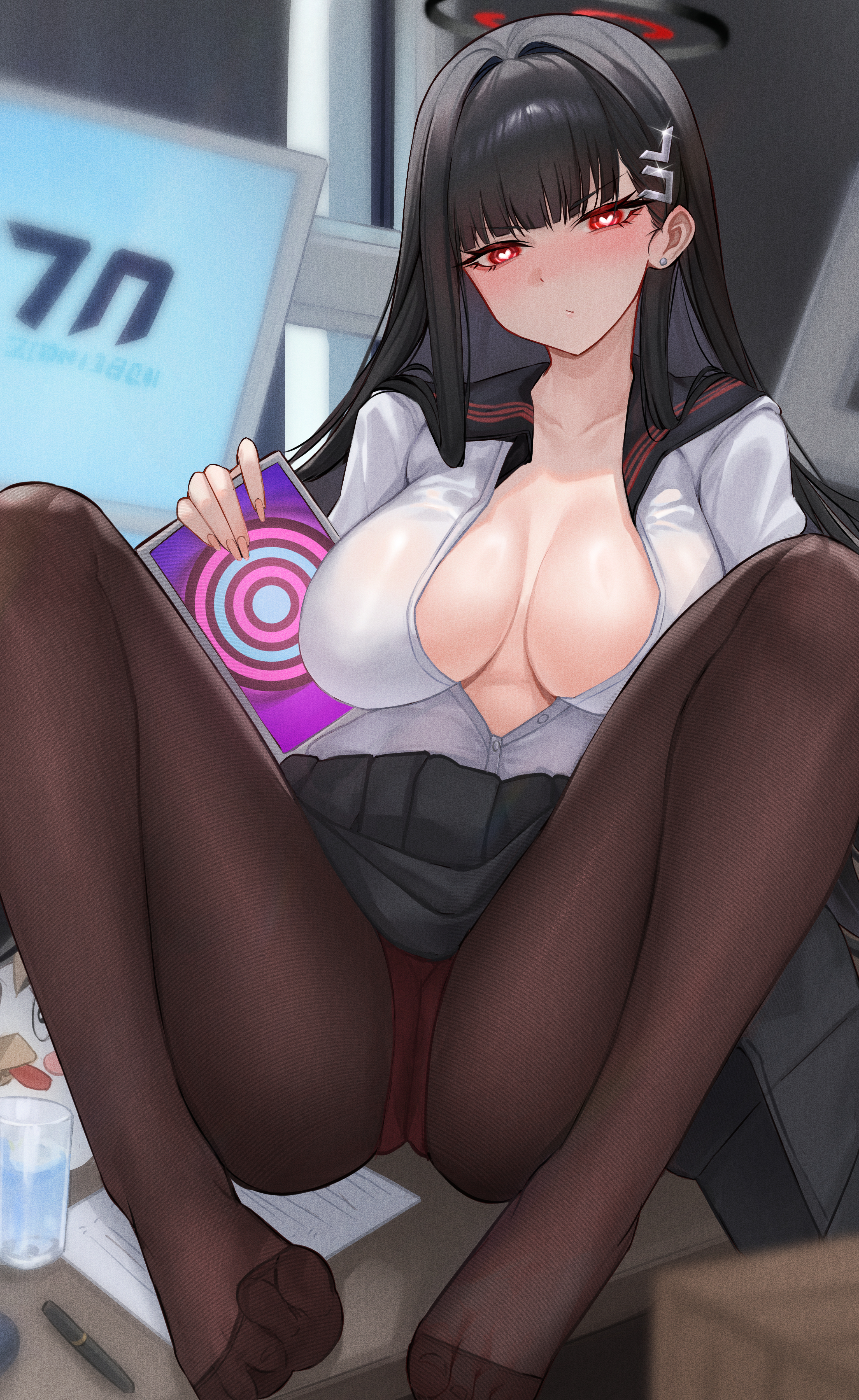 absurdres, alternate costume, black hair, black halo, black pantyhose, black skirt, blue archive, blurry, blush, breasts, cleavage, closed mouth, commentary, depth of field, female, fingernails, halo, heart, heart-shaped pupils, highres, hypnosis, kiyoi (gyhw8444), knees up, large breasts, long hair, looking at viewer, millennium science school logo, mind control, no shoes, pantyhose, rio (blue archive), shirt, sitting, skirt, soles, solo, symbol-only commentary, symbol-shaped pupils, tablet pc, very long hair, white shirt