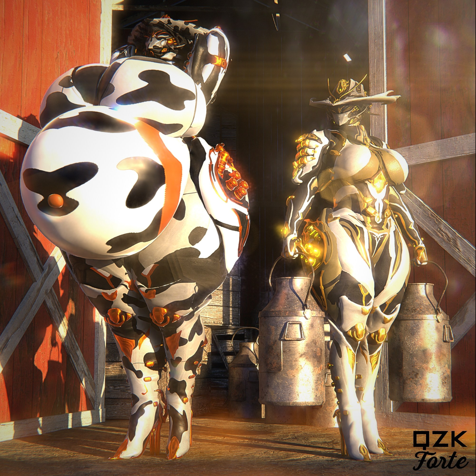 absurd res, barn, bbw, big breasts, breasts, cleavage, cow print, cowprint, fat, female, furry, giantess, high heels, huge breasts, larger female, machine, mesa (warframe), milk tank, overweight, qzk forte, robot girl, smaller female, tagme, thick thighs, warframe, wide hips