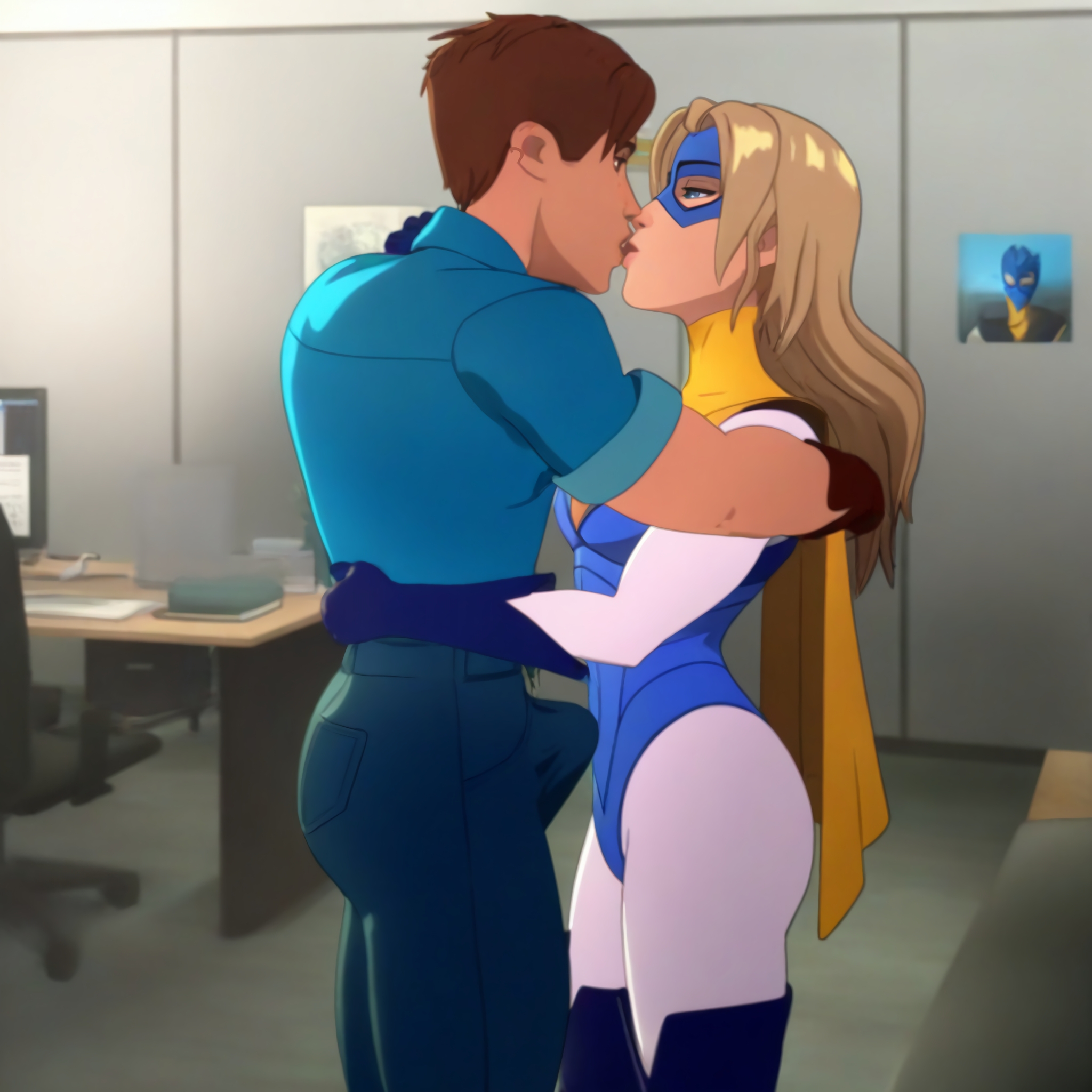 1boy, 1girl1boy, 1girls, ai assisted, ai generated, blonde blazer, blonde female, blonde hair, blue eyes, blue thigh boots, brown hair, bulge, bulge through clothing, cape, dispatch (game), female, gloved hands, gloves, half mask, hugging, kissing, male, male/female, mask, masked female, office, pants, penis, protocat, robert robertson, short hair, straight, superhero, superhero costume, superheroine, thigh boots
