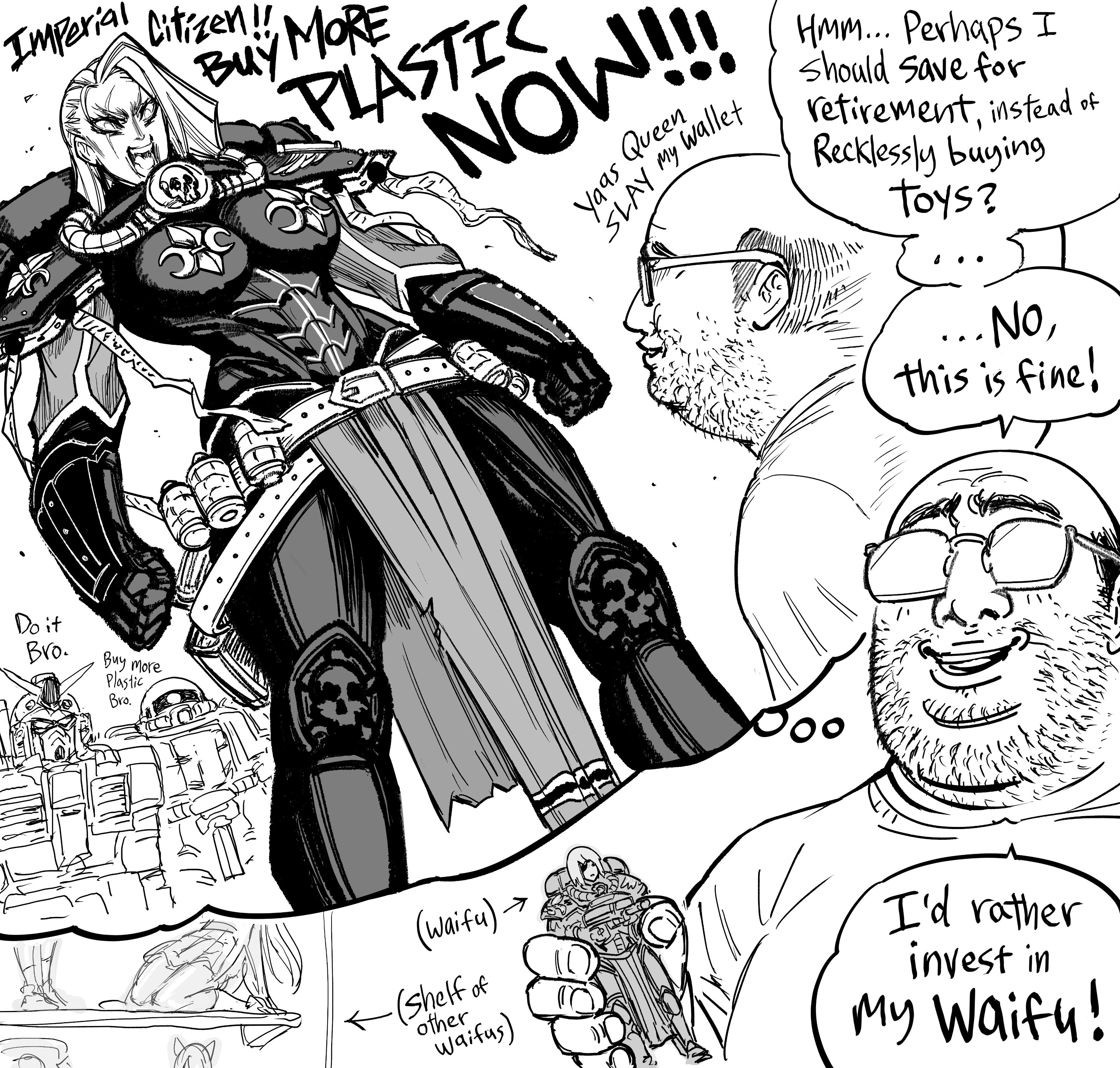 1boy, 1girls, adepta sororitas, armor, bb (baalbuddy), boob armor, boobplate, breasts, clothed, cropped, english text, female, male, mecha, mobile suit, mobile suit gundam, mommy, ms-06 zaku ii, neckbeard, pelvic curtain, plastic toy, real life, rx-78-2, scar, scar across eye, shouting, sister of battle, text, third-party edit, warhammer (franchise), warhammer 40k