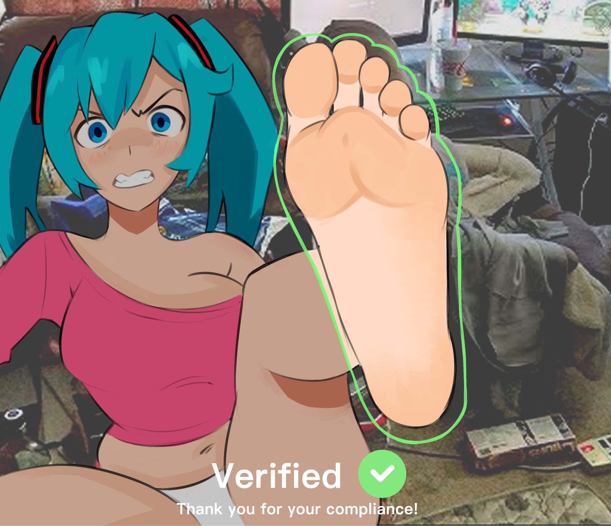 1girl, 1girls, angry, angry expression, angry face, aqua eyes, aqua hair, barefoot, biometric verification, blue eyes, blue hair, blush, breasts, chubby, chubby female, cleavage, clenched teeth, color, controller, english text, feet, feet focus, feet up, female, female focus, female only, foot focus, foreshortening, hatsune miku, large breasts, lewd security verification, light skin, long hair, looking at viewer, meme, messy room, muffin top, navel, off shoulder, off shoulder shirt, panties, photo background, plump, red clothing, red topwear, shirt, sole female, soles, solo, teeth, tinyramens, toes, trend, twintails, twintails (hairstyle), twitter link, underwear, verification, vocaloid, white panties