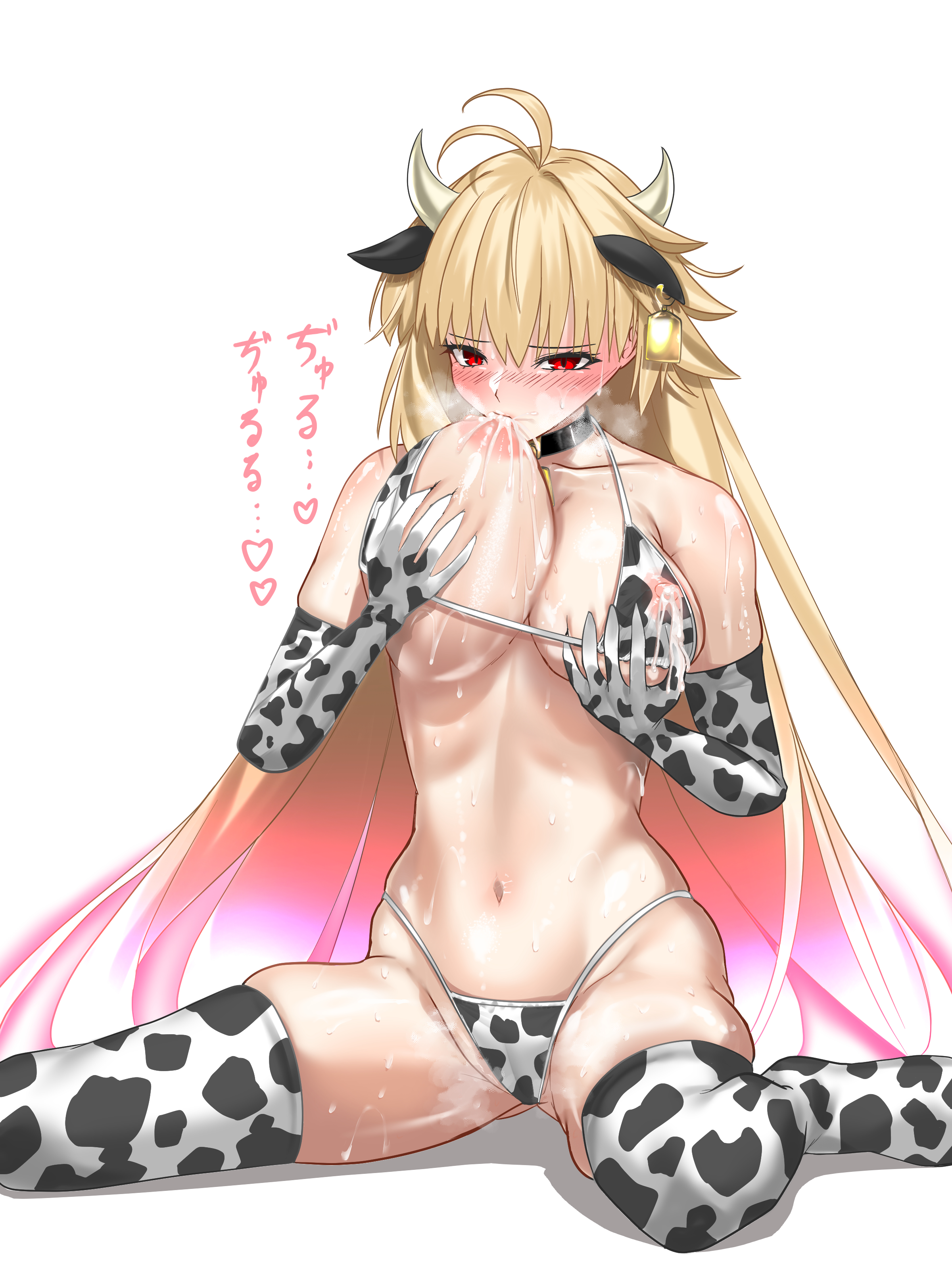 1girls, ahoge, archetype earth, arcueid brunestud, autobreastfeeding, blue notuki, breastfeeding, breasts, collared, cow earrings, cow ears, cow horns, cow print, cow print bikini, earring, elbow gloves, erect nipples, fate (series), fate/grand order, female, fondling breast, groping breasts, groping own breast, heart, holding own breast, huge breasts, long hair, melty blood, nipples, self breast sucking, self fondle, steam, sucking, sucking nipples, sweat, thighhighs, translation request, tsukihime, type-moon, very long hair