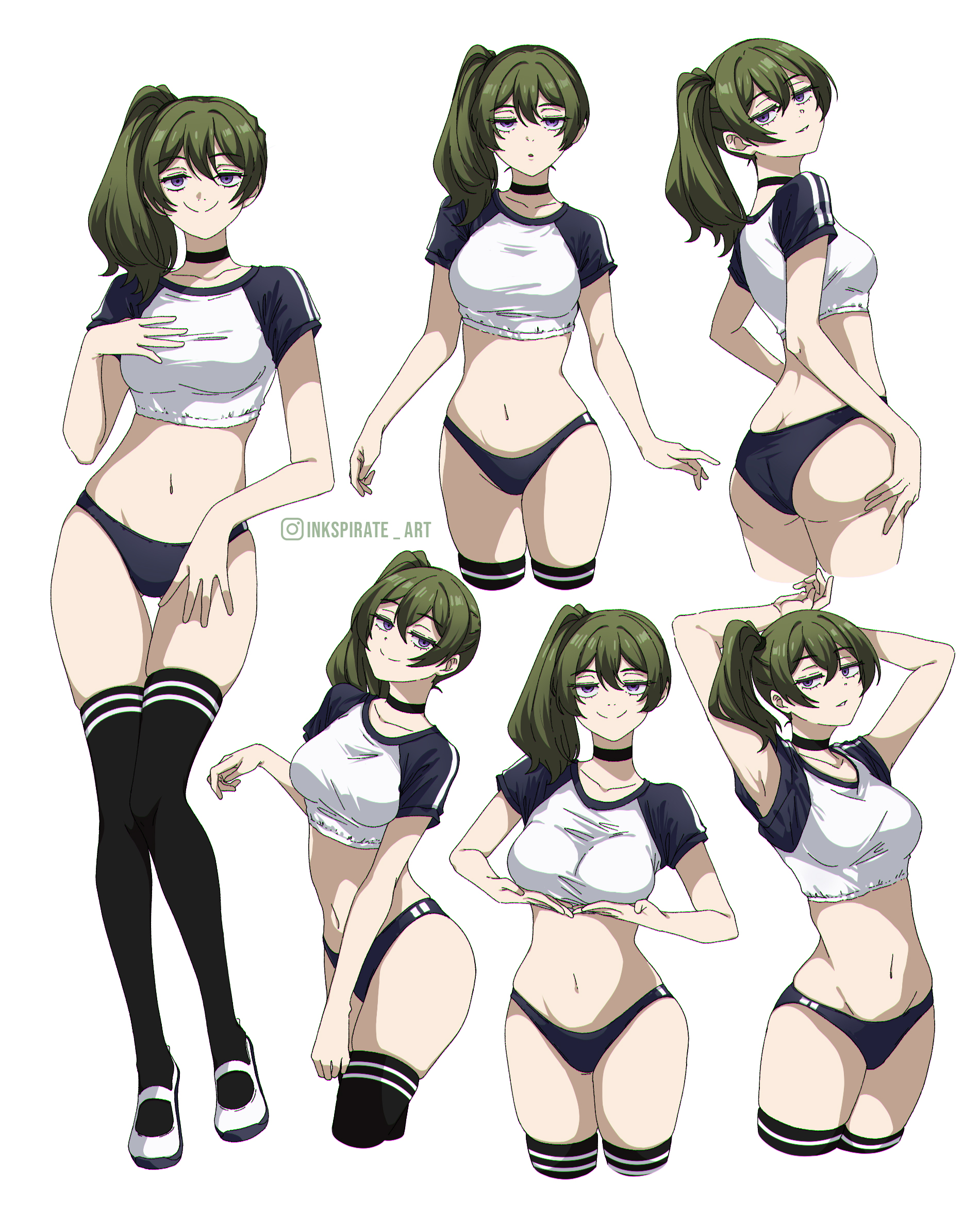 alternate costume, anime coloring, armpits, ass, black buruma, black thighhighs, breast lift, breasts, buruma, contemporary, cropped shirt, female, green hair, half-closed eyes, highres, inkspirate, instagram username, long hair, looking at viewer, medium breasts, multiple views, navel, purple eyes, short sleeves, side ponytail, smile, sousou no frieren, thighhighs, ubel (sousou no frieren)