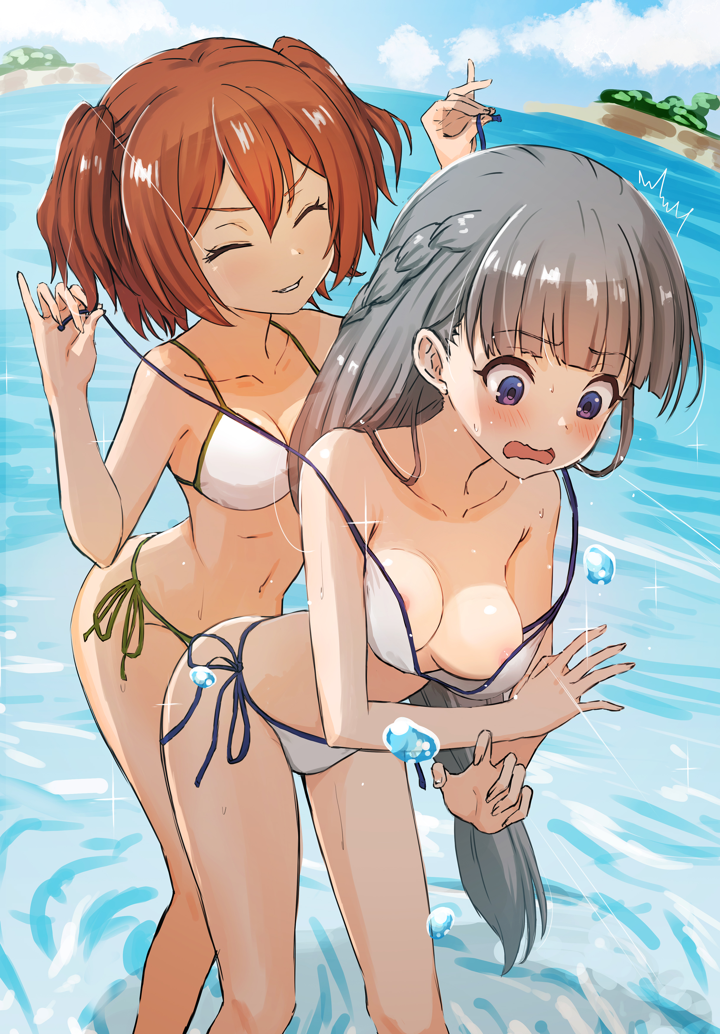 2girls, absurdres, areola slip, assisted exposure, beach, bikini, blue eyes, blue sky, blush, braid, breast slip, breasts, cleavage, closed eyes, clothes pull, cloud, collarbone, commission, contemporary, day, double-parted bangs, embarrassed, feet out of frame, female, female only, forced exposure, grey hair, highres, kanne (sousou no frieren), large breasts, lawine (sousou no frieren), long hair, medium hair, multiple females, multiple girls, navel, notice lines, ocean, open clothes, open mouth, outdoors, parted lips, pixiv commission, pulling another's clothes, red hair, revealing clothes, sasasa r 23, side braid, side-tie bikini bottom, sky, smile, sousou no frieren, sparkle, standing, stomach, sunlight, surprised, swimsuit, two side up, untied bikini, v-shaped eyebrows, wading, water, water drop, wavy mouth, white bikini, wispy bangs