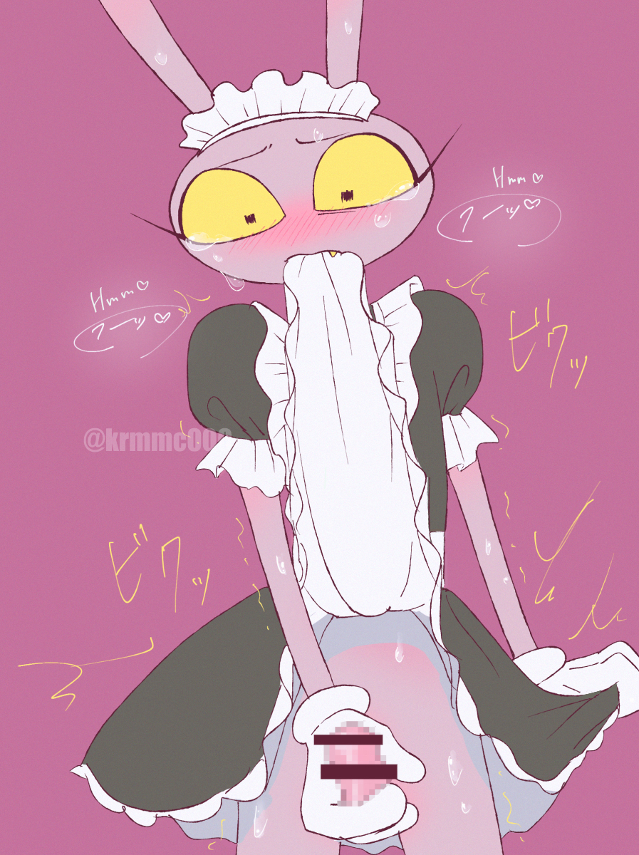 anthro, bunny, bunny boy, censor bar, censored, eyeliner, femboy, glitch productions, holding penis, japanese text, jax (the amazing digital circus), jerking, maid, maid jax (the amazing digital circus), male, masturbation, penis, purple fur, rabbit, solo, tears, the amazing digital circus, translation request, unnecessary censorship