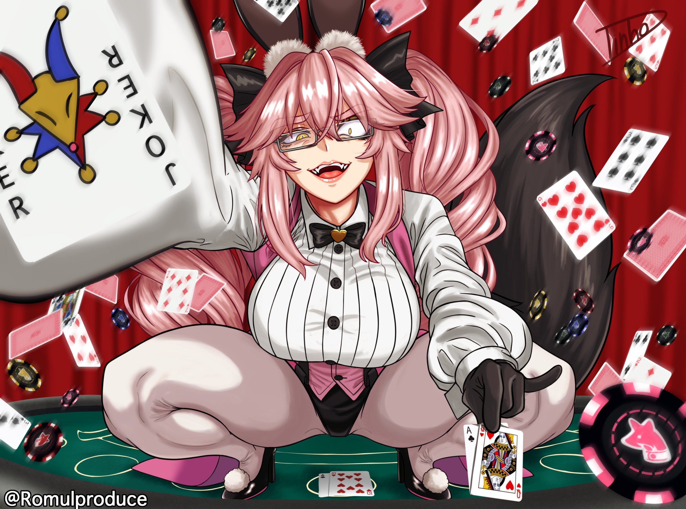 1girls, clothed, clothed female, clothing, crazy eyes, crazy female, fate (series), fate/grand order, female, female focus, female only, glasses, koyanskaya (assassin first ascension), koyanskaya (assassin), koyanskaya (fate), light skin, light-skinned female, pink hair, pink hair female, romulproduce, solo, solo female, solo focus, squatting, tagme, watermark
