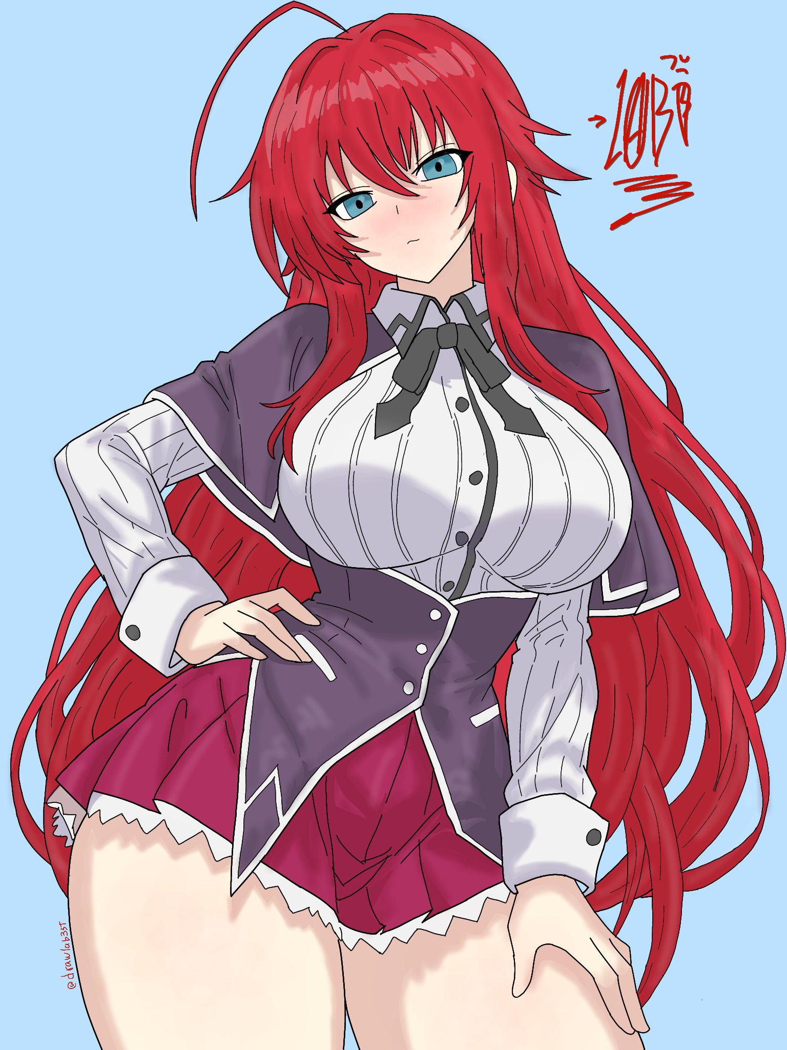 1girls, ahoge, artist logo, artist name, black bow, blue background, blush, bow, breasts, drawlab33t, female, female only, hand on hip, hand on own hip, hand on own thigh, hand on thigh, high school dxd, large breasts, long hair, looking at viewer, red hair, rias gremory, school uniform, simple background, skirt, solo, solo female, solo focus, thick thighs, thighs