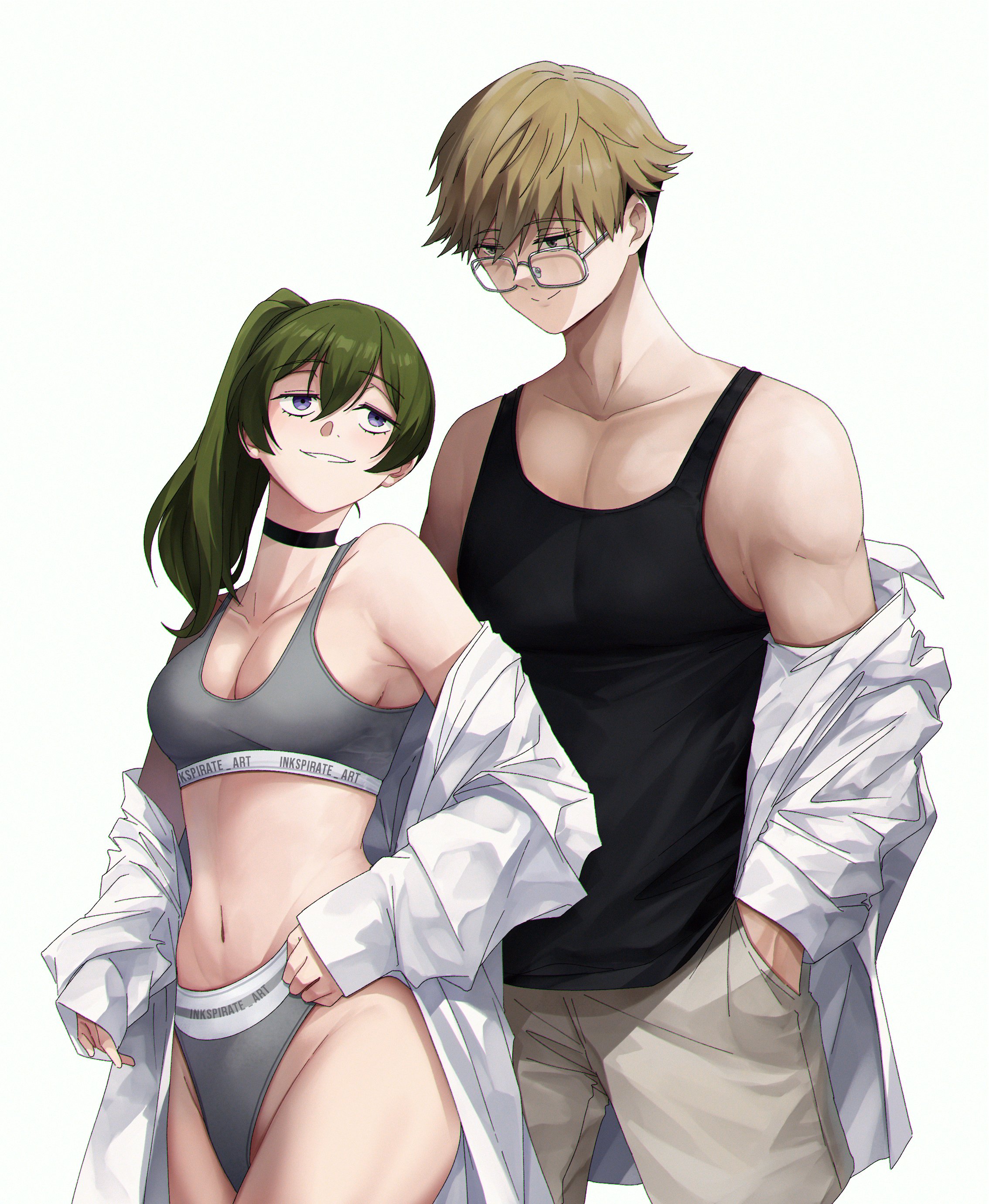 1boy, absurdres, artist name, behind another, black choker, black tank top, blonde hair, breasts, choker, collarbone, couple, female, glasses, green hair, grey panties, grey sports bra, grin, hand in pocket, high side ponytail, highleg, highleg panties, highres, inkspirate, land (sousou no frieren), long hair, male, medium breasts, panties, purple eyes, short hair, simple background, smile, sousou no frieren, sports bra, sports panties, tank top, ubel (sousou no frieren), underwear, white background