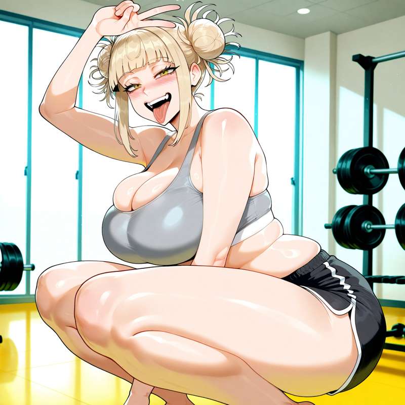 1girls, ai generated, big breasts, blonde hair, boku no hero academia, breasts, female, gym, gym clothes, hair, himiko toga, light skin, light-skinned female, muscular, muscular female, my hero academia, short hair, short shorts, solo, solo female, thick thighs, thighs, tongue, tongue out, vaporeeoniteai, yellow eyes